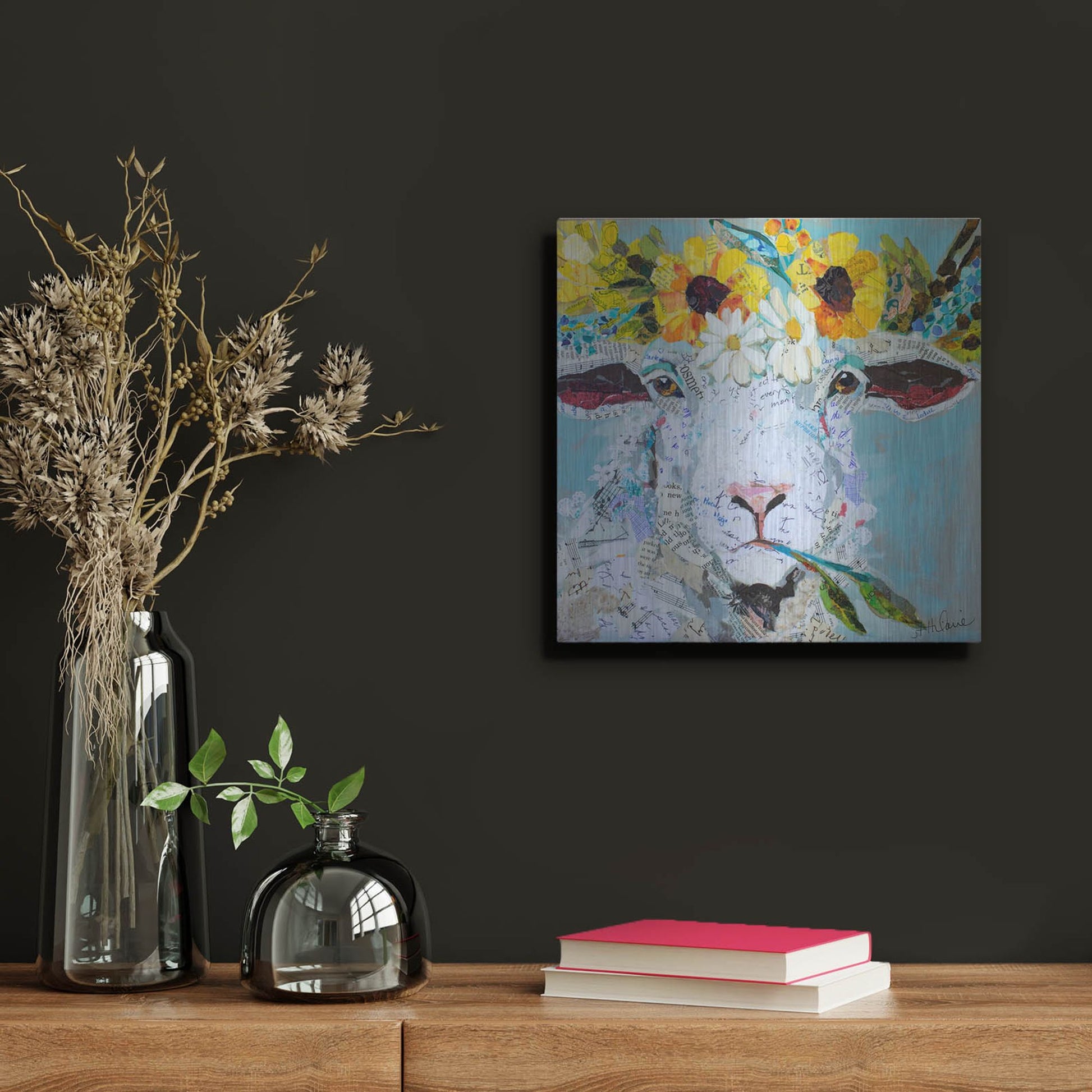 Luxe Metal Art 'Floral Sheep2' by St. Hilaire Elizabeth, Metal Wall Art,12x12