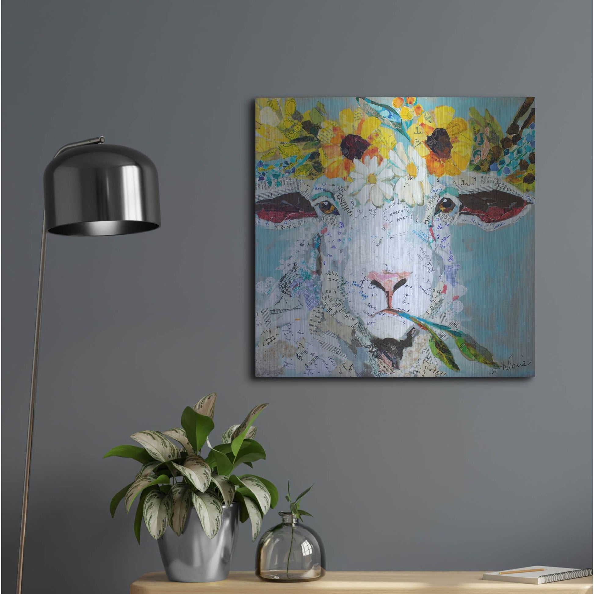 Luxe Metal Art 'Floral Sheep2' by St. Hilaire Elizabeth, Metal Wall Art,24x24