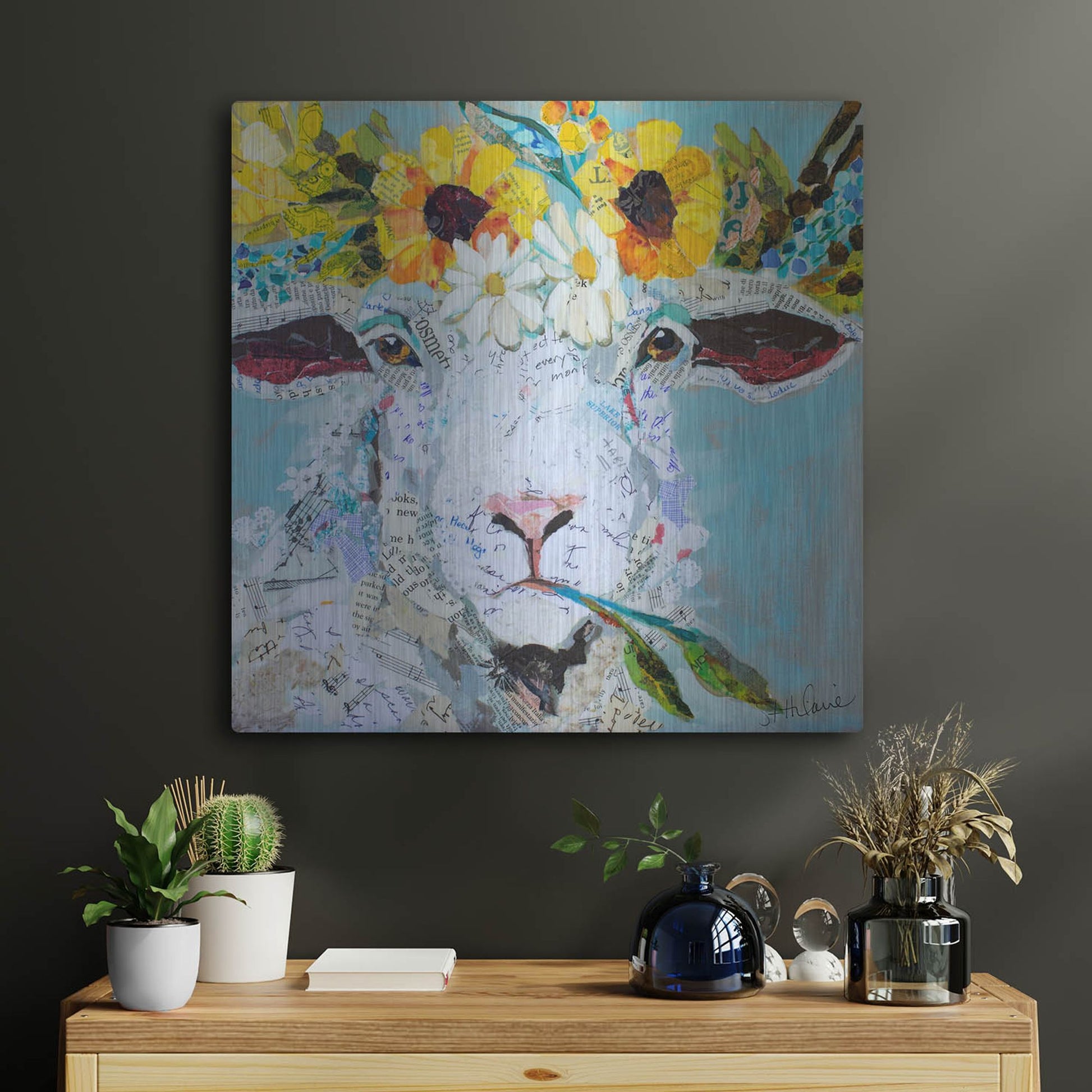 Luxe Metal Art 'Floral Sheep2' by St. Hilaire Elizabeth, Metal Wall Art,24x24