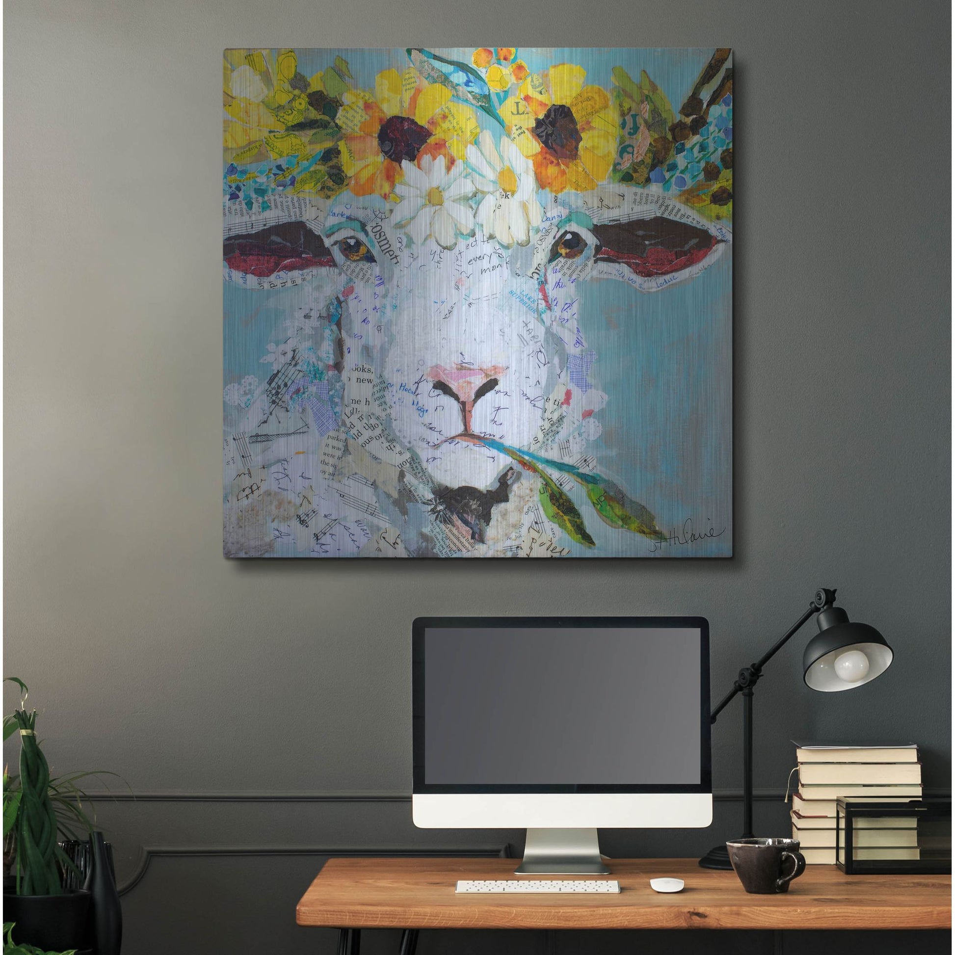 Luxe Metal Art 'Floral Sheep2' by St. Hilaire Elizabeth, Metal Wall Art,36x36