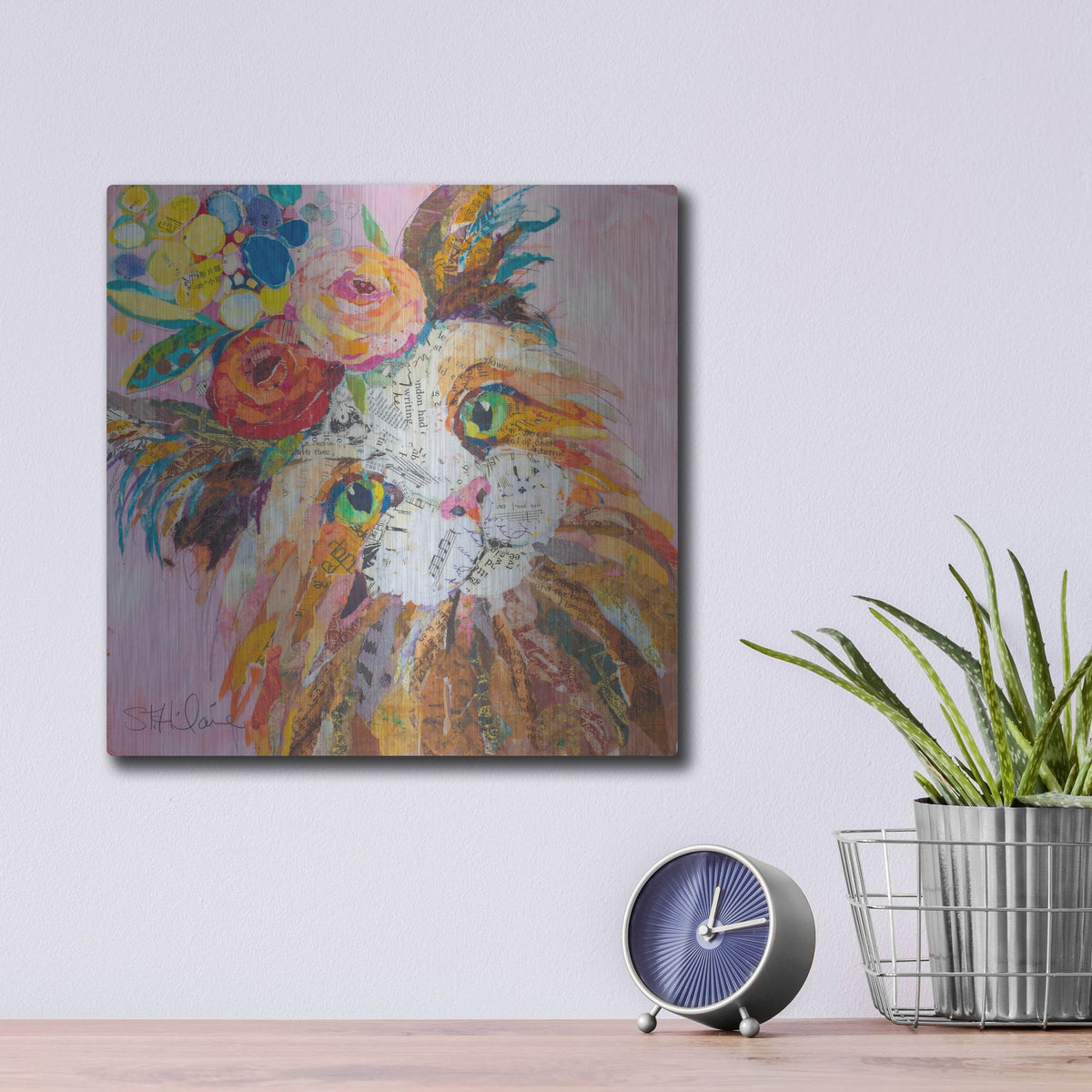 Luxe Metal Art 'Floral Cat' by St. Hilaire Elizabeth, Metal Wall Art,12x12