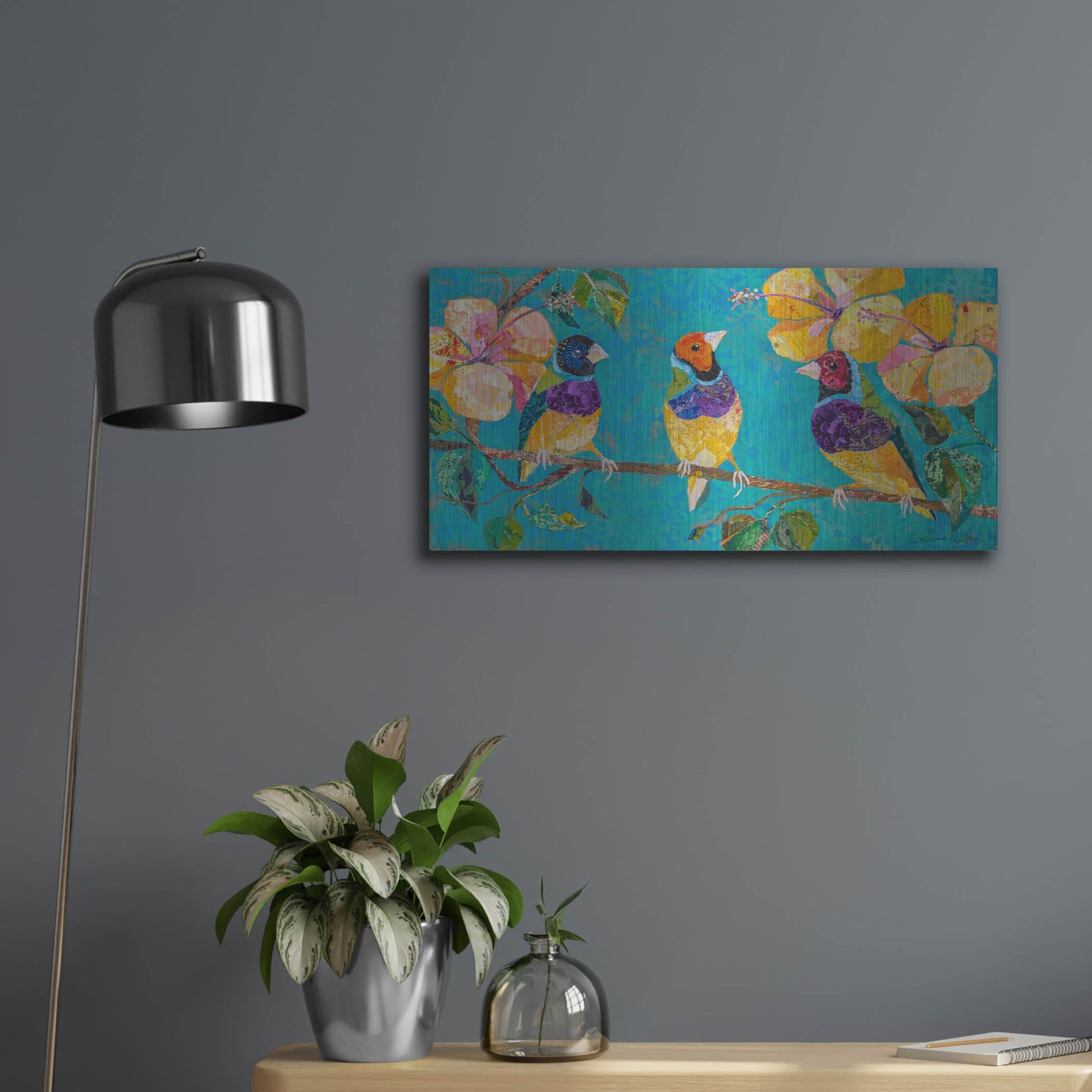 Luxe Metal Art 'Tropical Finches' by St. Hilaire Elizabeth, Metal Wall Art,24x12