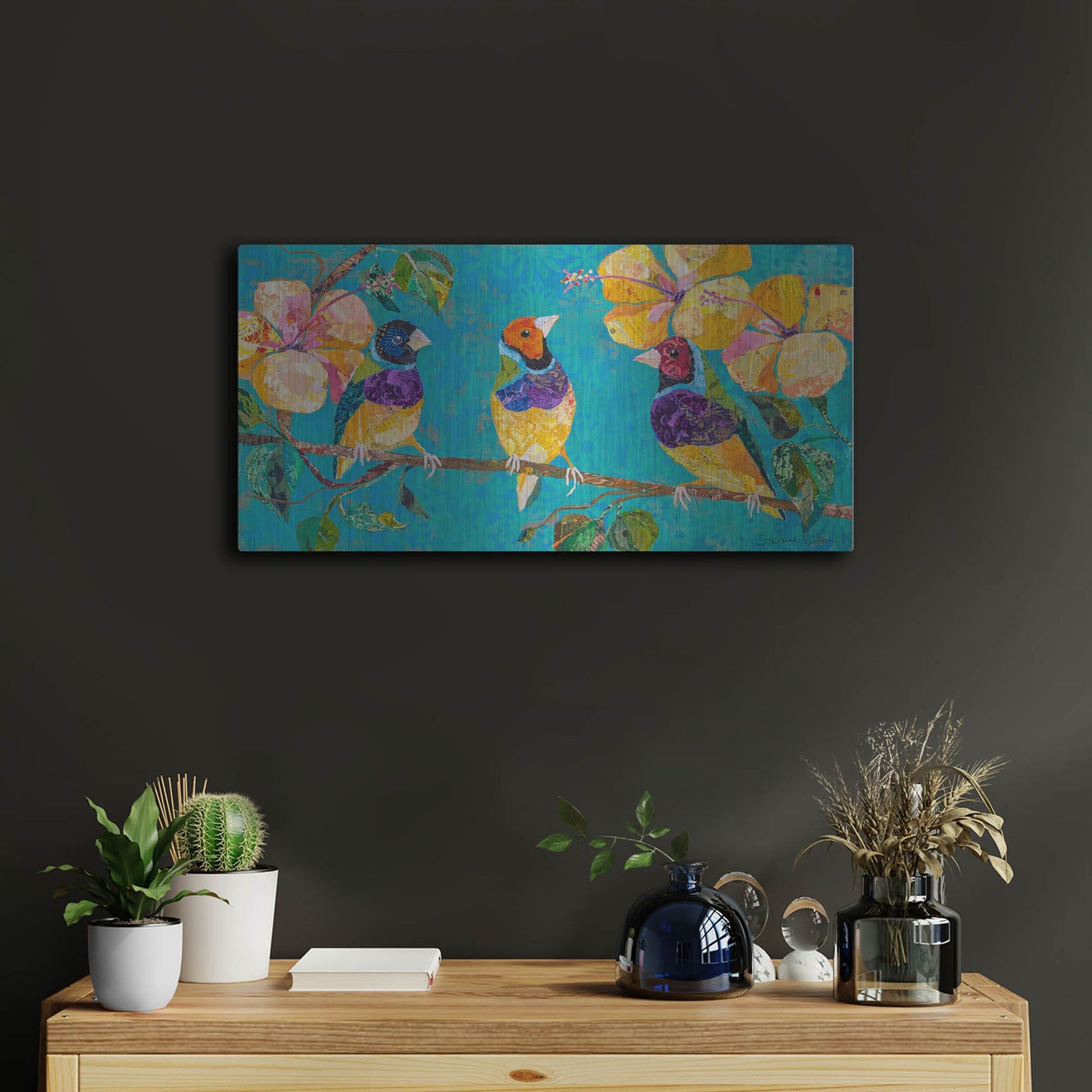 Luxe Metal Art 'Tropical Finches' by St. Hilaire Elizabeth, Metal Wall Art,24x12