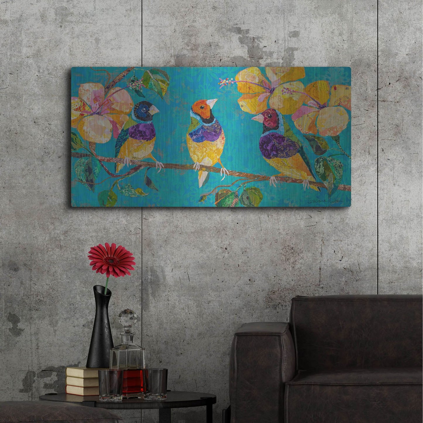 Luxe Metal Art 'Tropical Finches' by St. Hilaire Elizabeth, Metal Wall Art,48x24