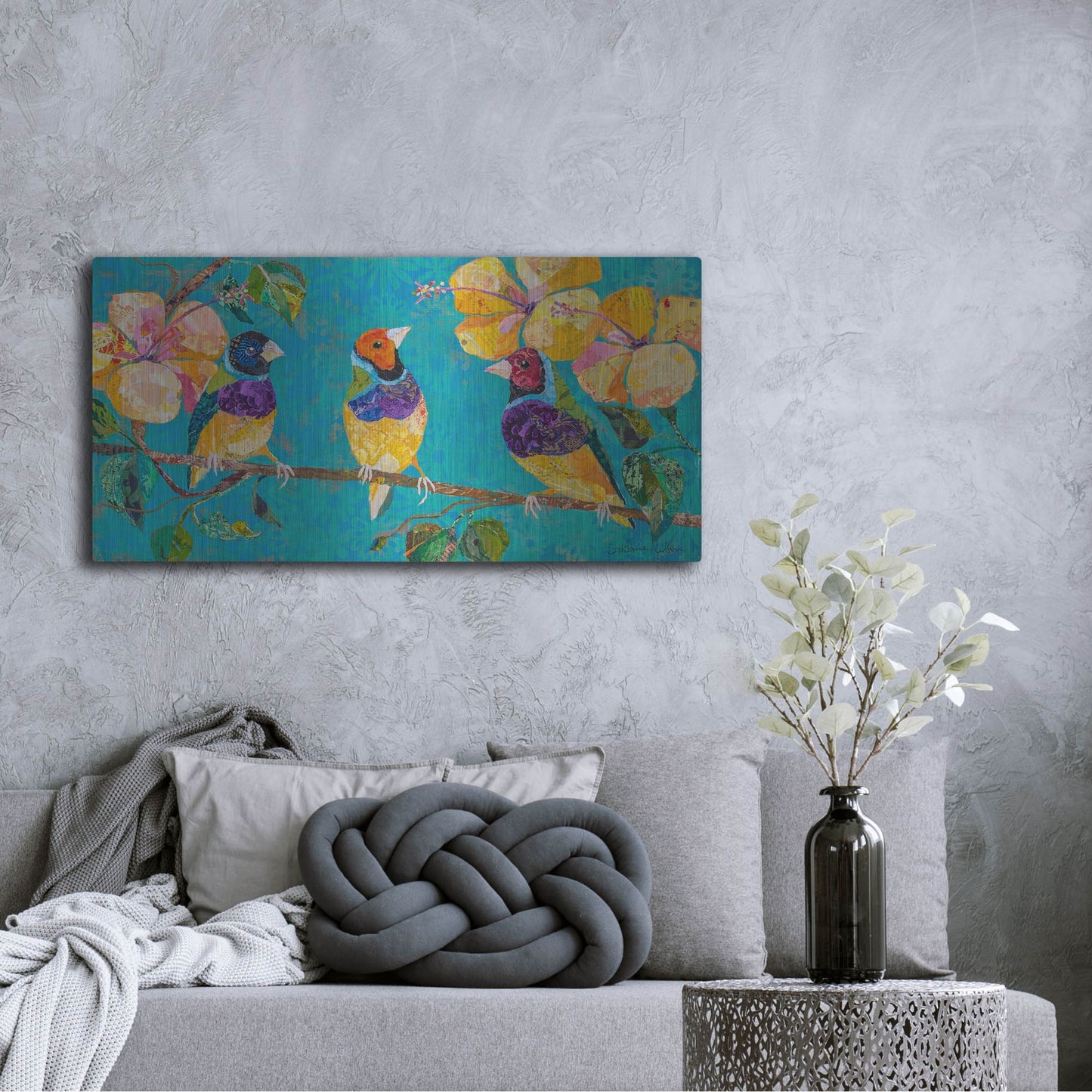 Luxe Metal Art 'Tropical Finches' by St. Hilaire Elizabeth, Metal Wall Art,48x24