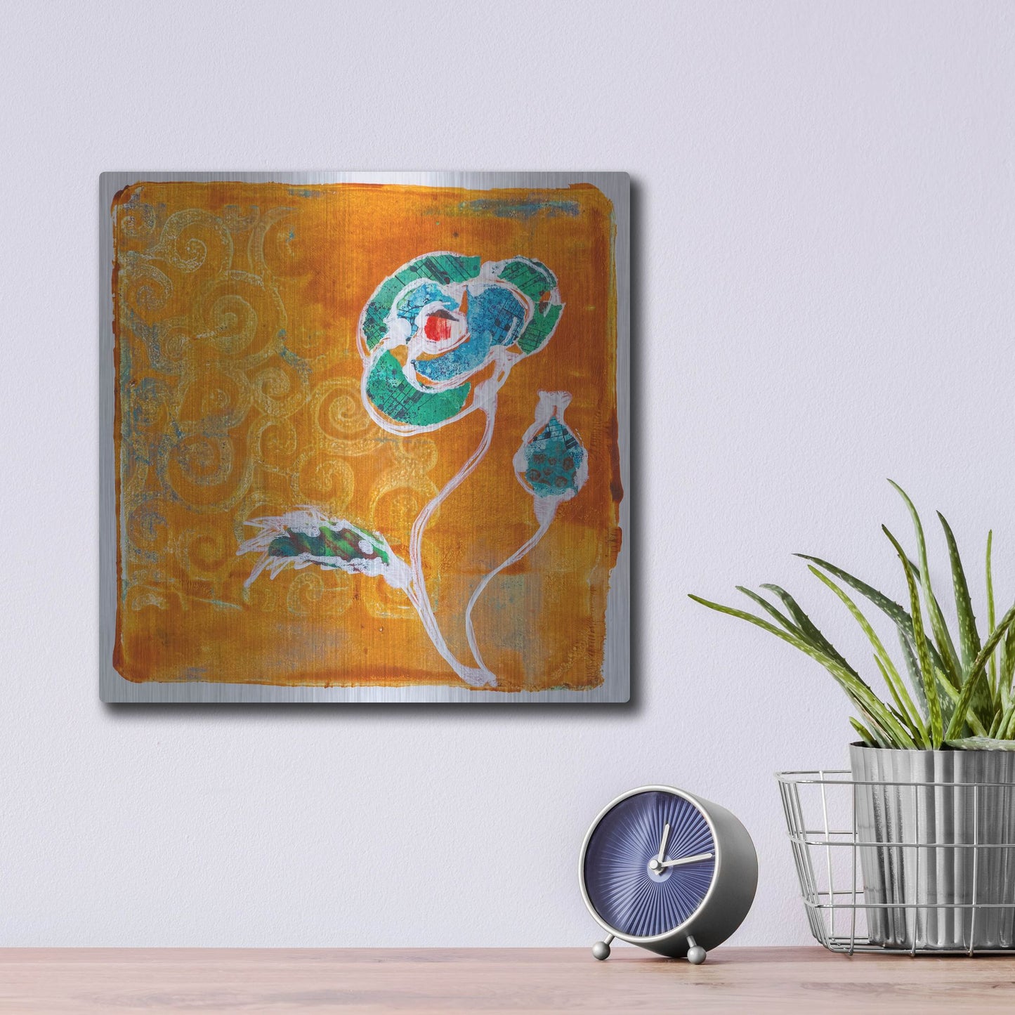 Luxe Metal Art 'Orange Blooms' by St. Hilaire Elizabeth, Metal Wall Art,12x12