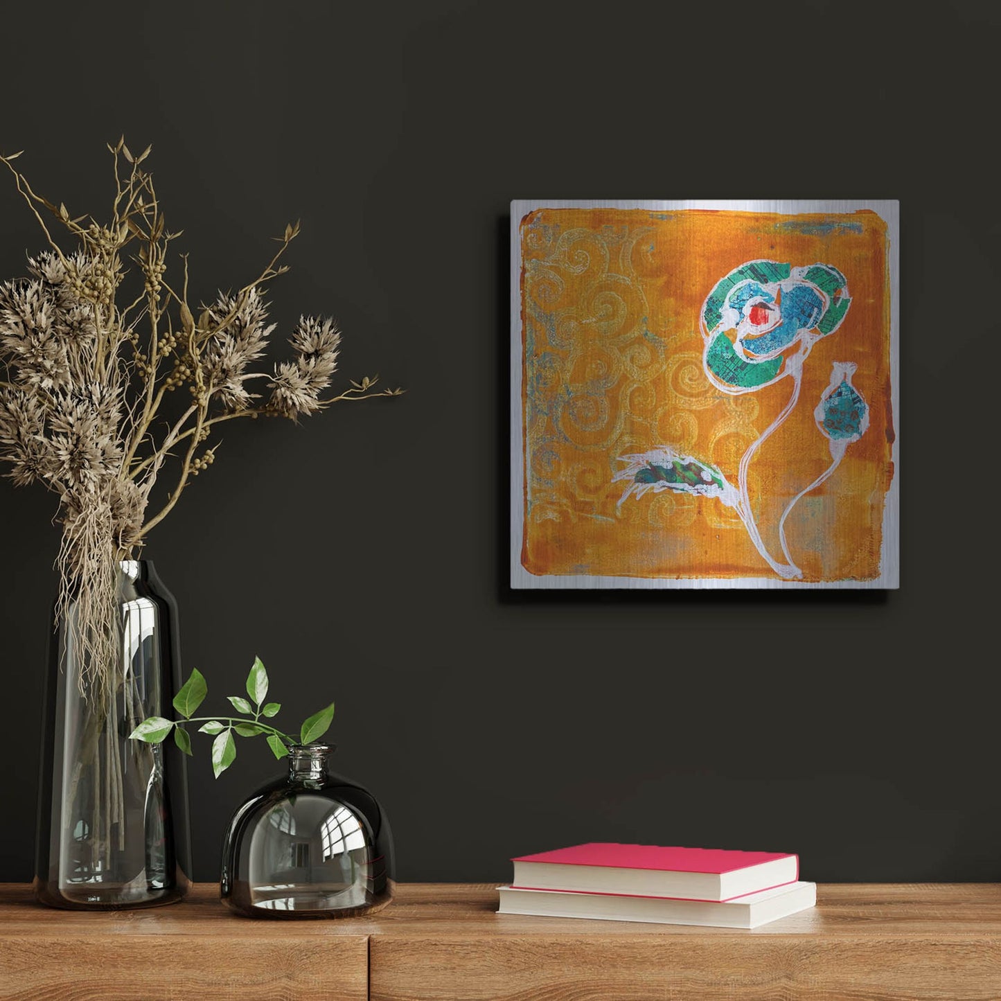 Luxe Metal Art 'Orange Blooms' by St. Hilaire Elizabeth, Metal Wall Art,12x12