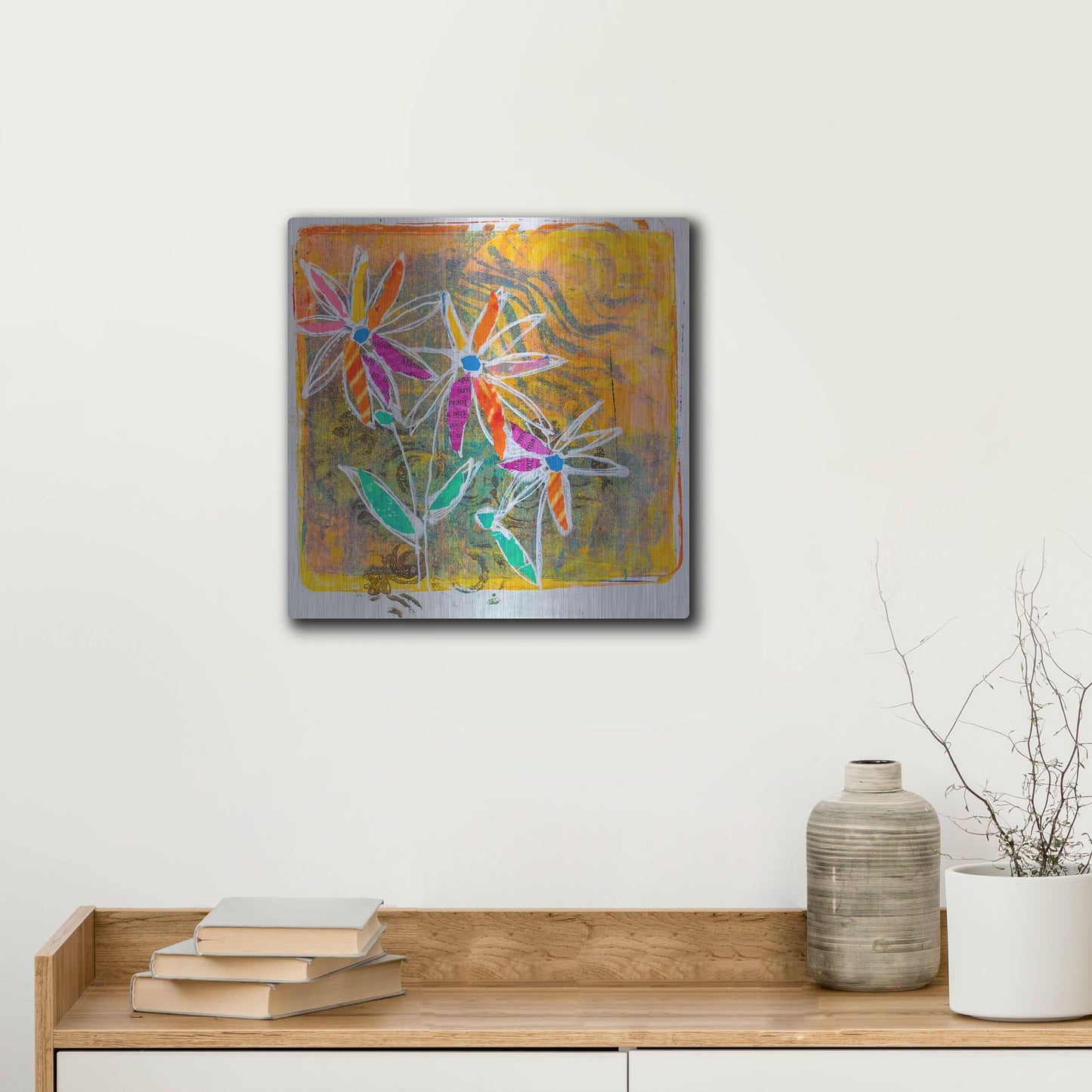 Luxe Metal Art 'Sunny Blooms' by St. Hilaire Elizabeth, Metal Wall Art,12x12