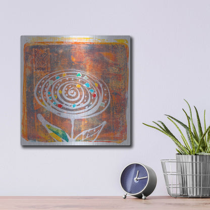 Luxe Metal Art 'Spiral Blooms Orange' by St. Hilaire Elizabeth, Metal Wall Art,12x12