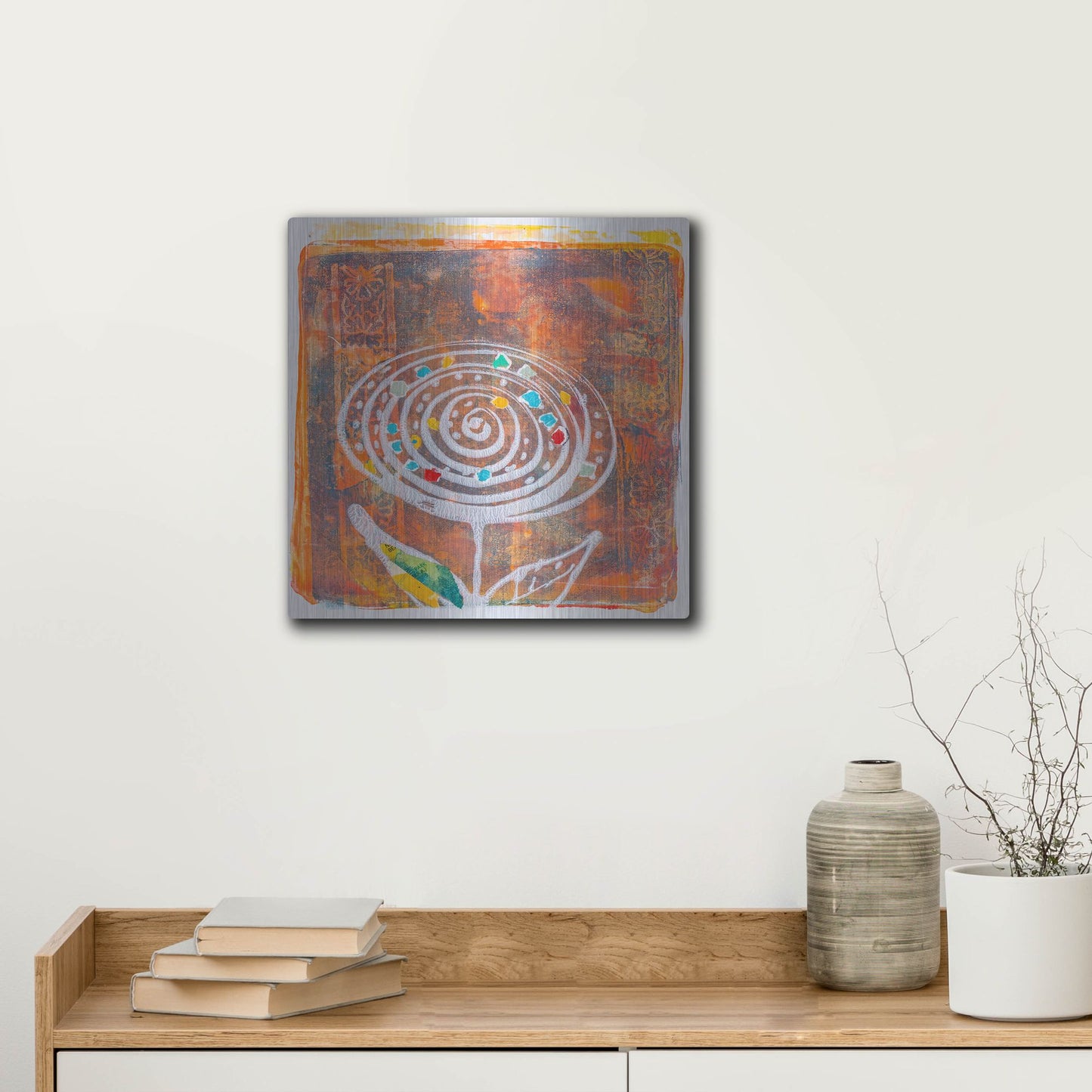 Luxe Metal Art 'Spiral Blooms Orange' by St. Hilaire Elizabeth, Metal Wall Art,12x12