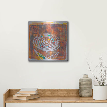 Luxe Metal Art 'Spiral Blooms Orange' by St. Hilaire Elizabeth, Metal Wall Art,12x12