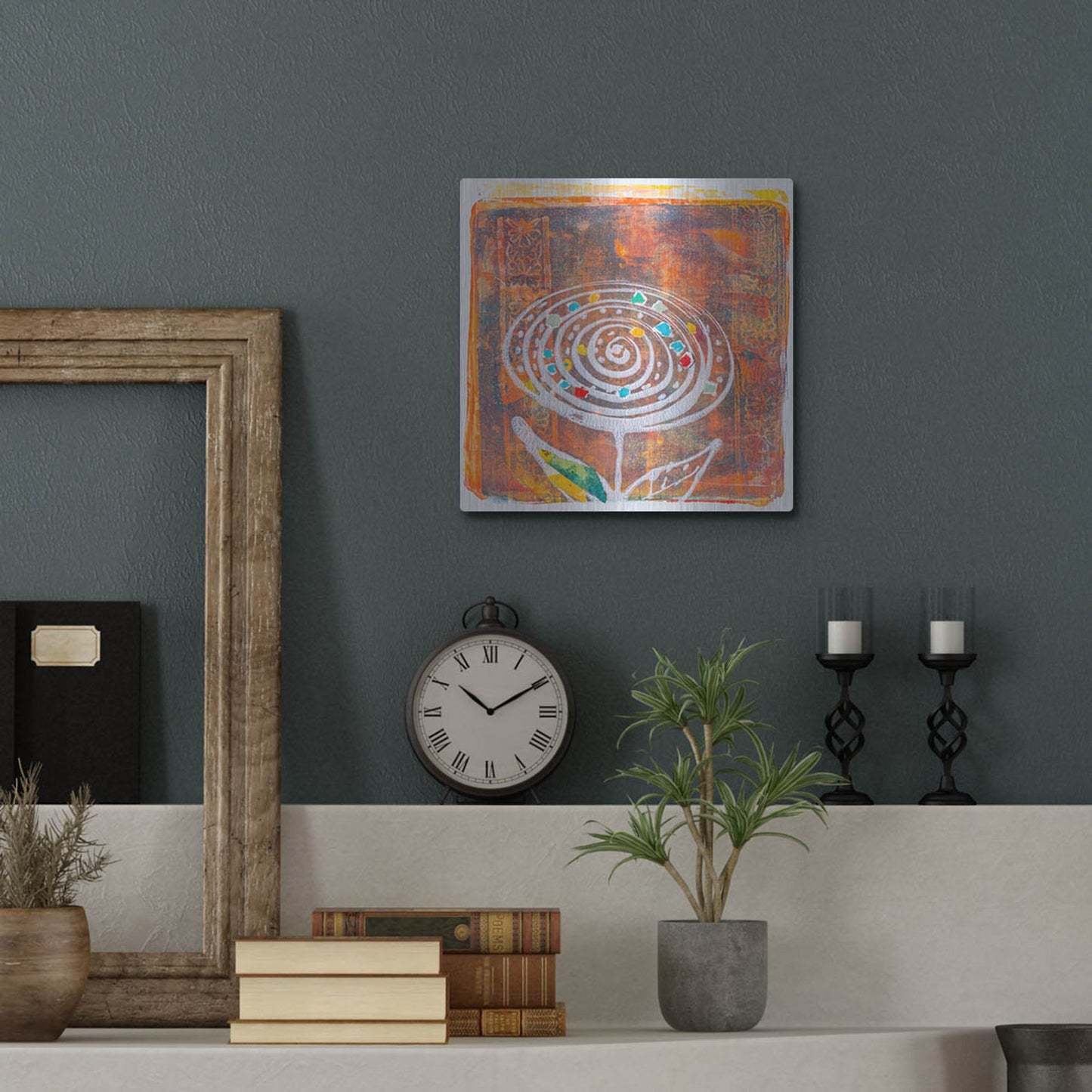 Luxe Metal Art 'Spiral Blooms Orange' by St. Hilaire Elizabeth, Metal Wall Art,12x12