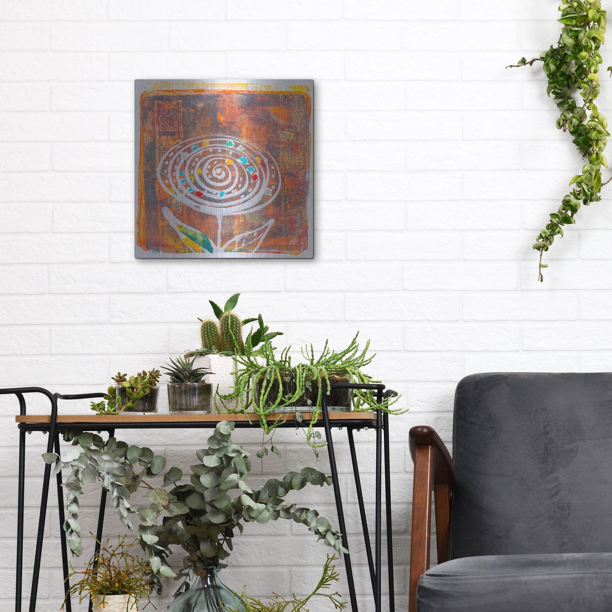 Luxe Metal Art 'Spiral Blooms Orange' by St. Hilaire Elizabeth, Metal Wall Art,12x12