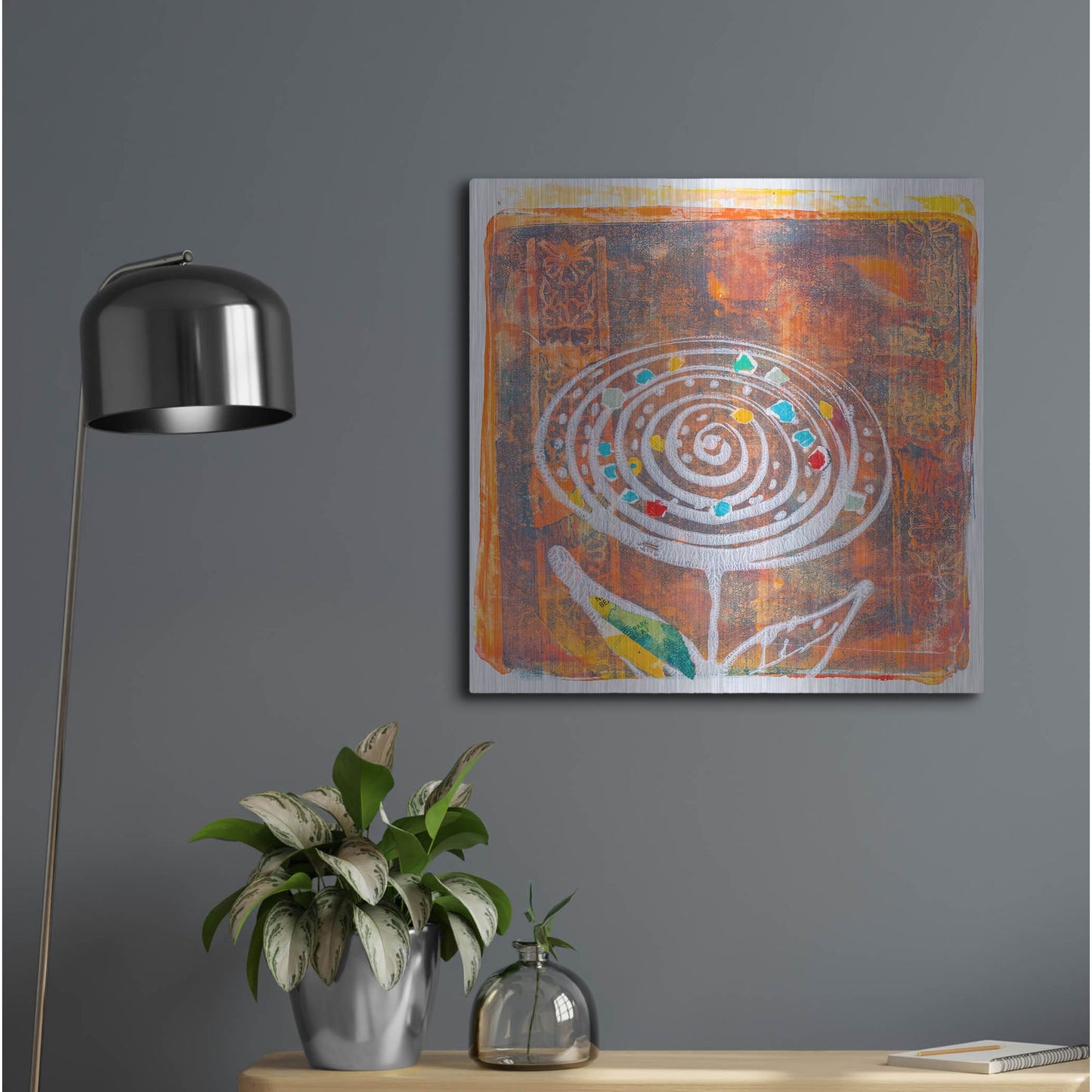 Luxe Metal Art 'Spiral Blooms Orange' by St. Hilaire Elizabeth, Metal Wall Art,24x24