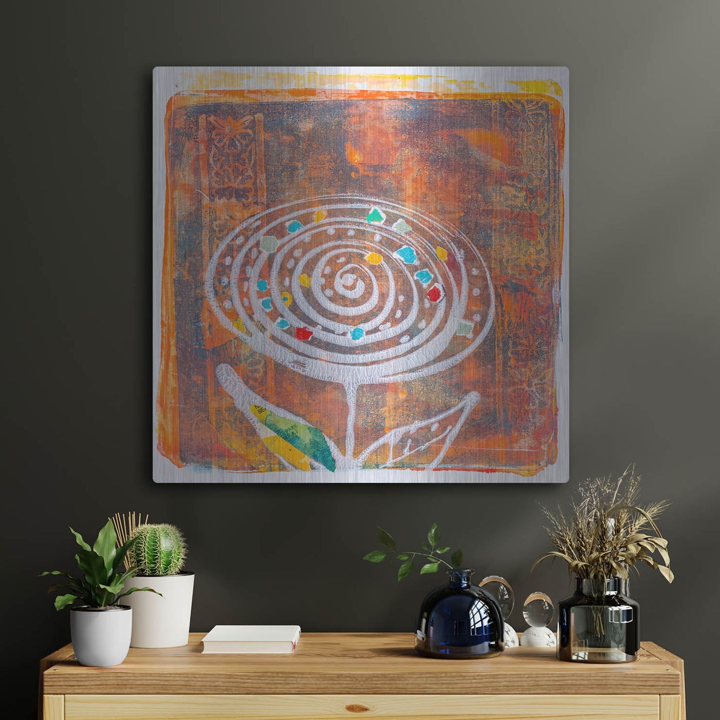 Luxe Metal Art 'Spiral Blooms Orange' by St. Hilaire Elizabeth, Metal Wall Art,24x24