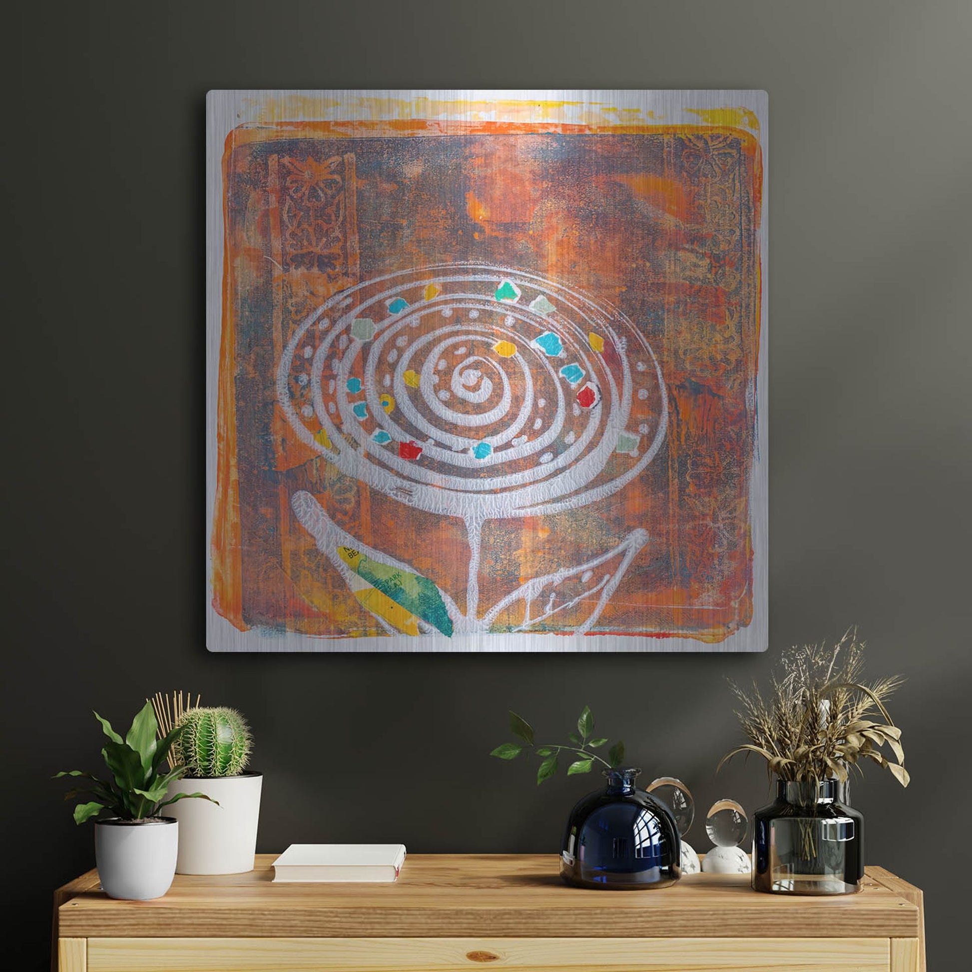 Luxe Metal Art 'Spiral Blooms Orange' by St. Hilaire Elizabeth, Metal Wall Art,24x24
