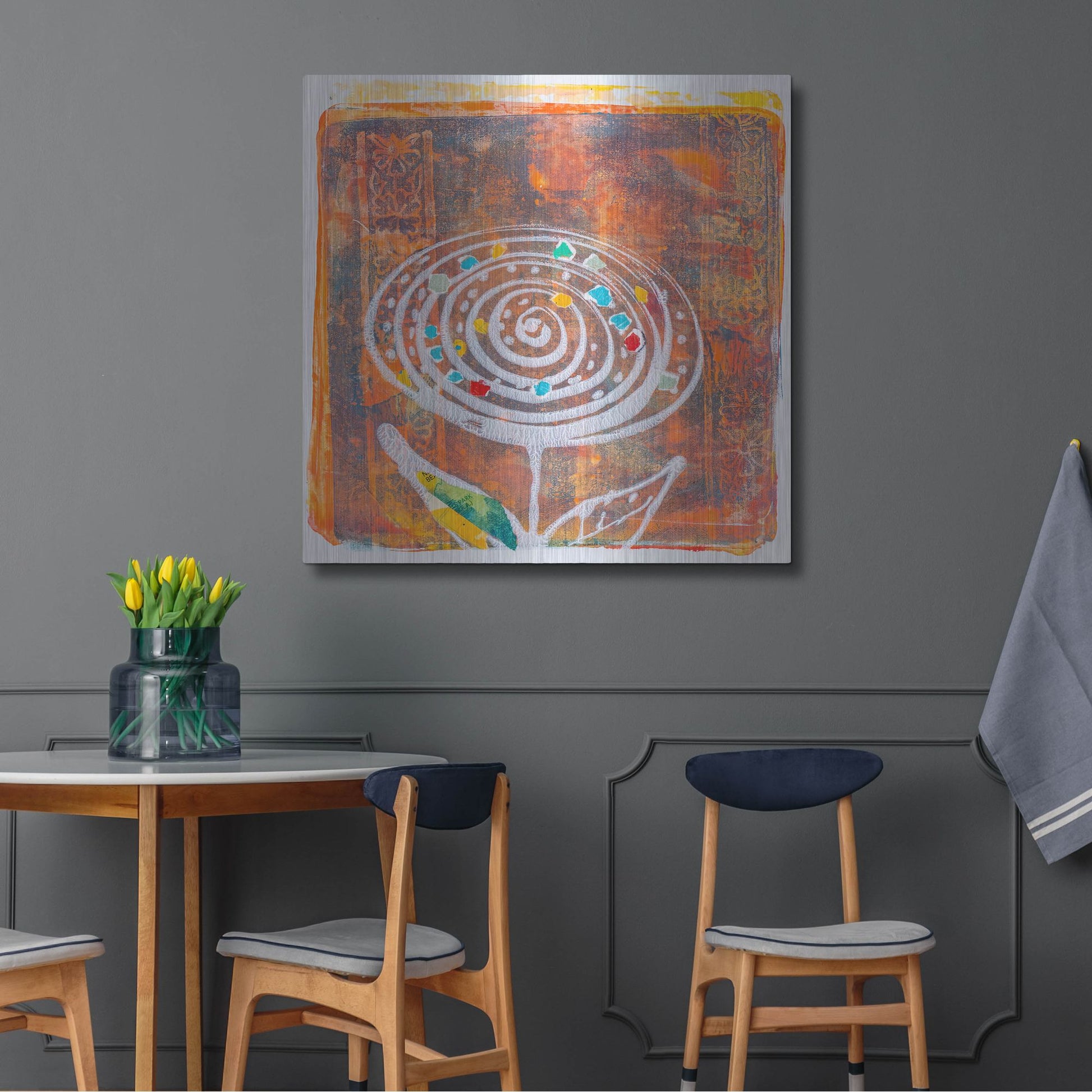 Luxe Metal Art 'Spiral Blooms Orange' by St. Hilaire Elizabeth, Metal Wall Art,36x36