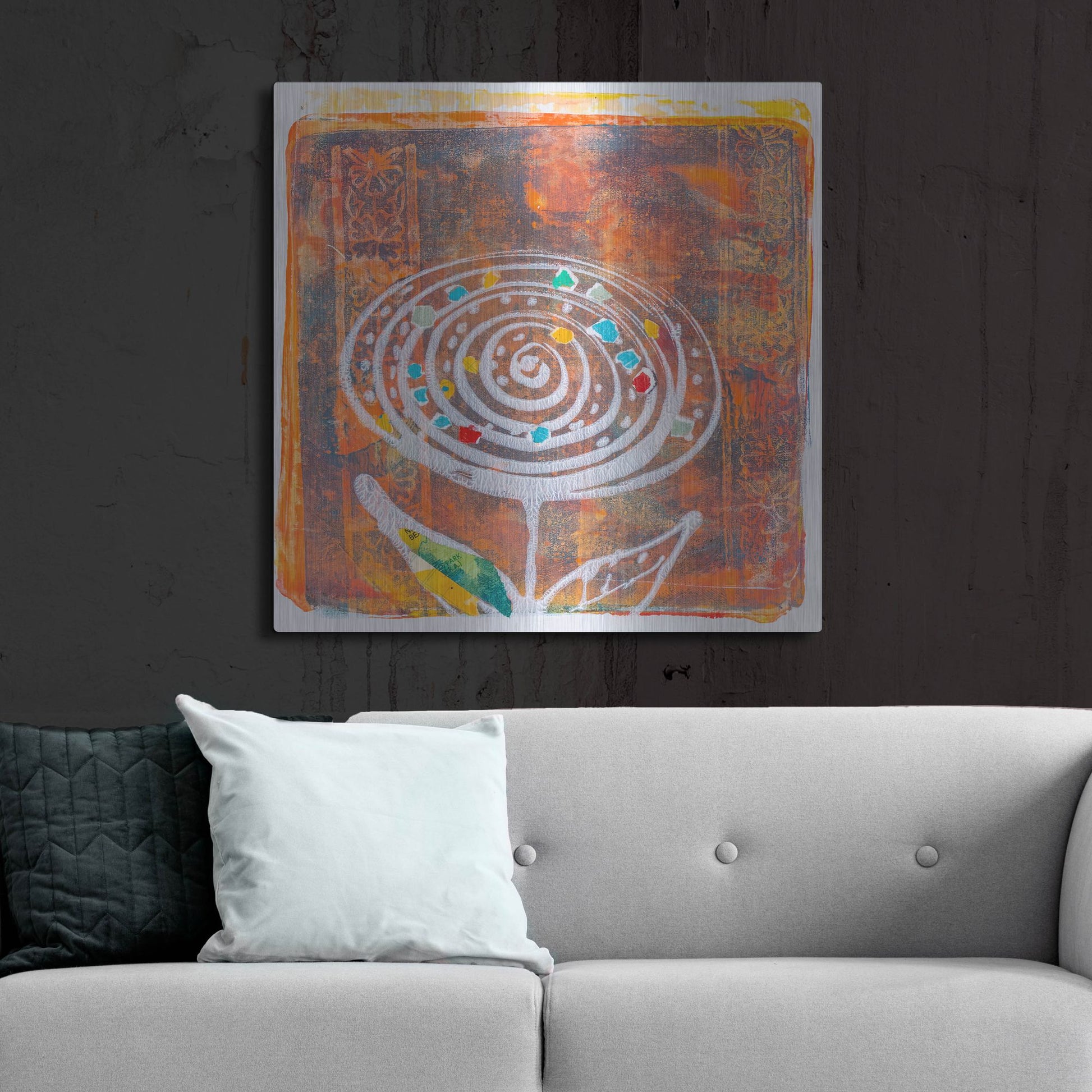 Luxe Metal Art 'Spiral Blooms Orange' by St. Hilaire Elizabeth, Metal Wall Art,36x36