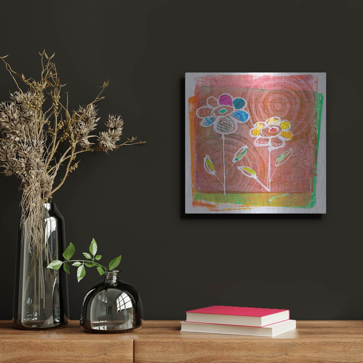 Luxe Metal Art 'Salmon Blooms' by St. Hilaire Elizabeth, Metal Wall Art,12x12