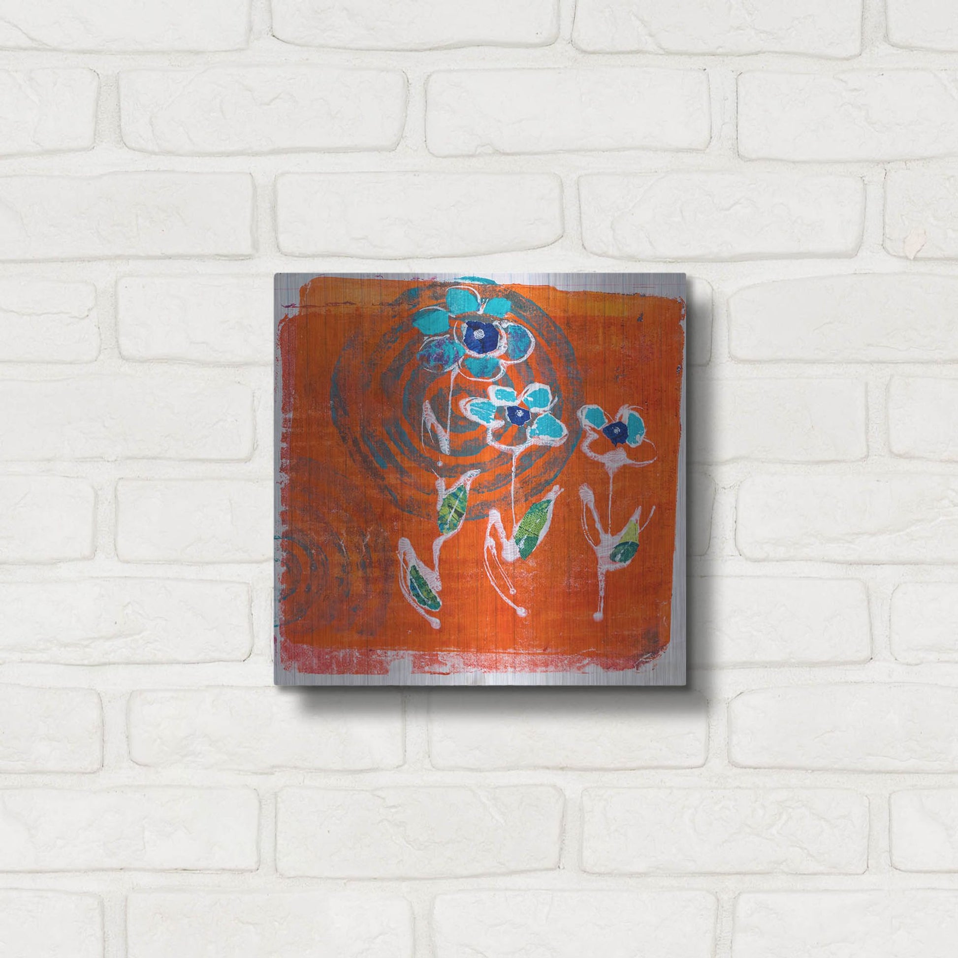 Luxe Metal Art 'Orange and Blue Blooms' by St. Hilaire Elizabeth, Metal Wall Art,12x12