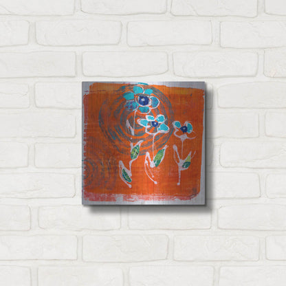 Luxe Metal Art 'Orange and Blue Blooms' by St. Hilaire Elizabeth, Metal Wall Art,12x12