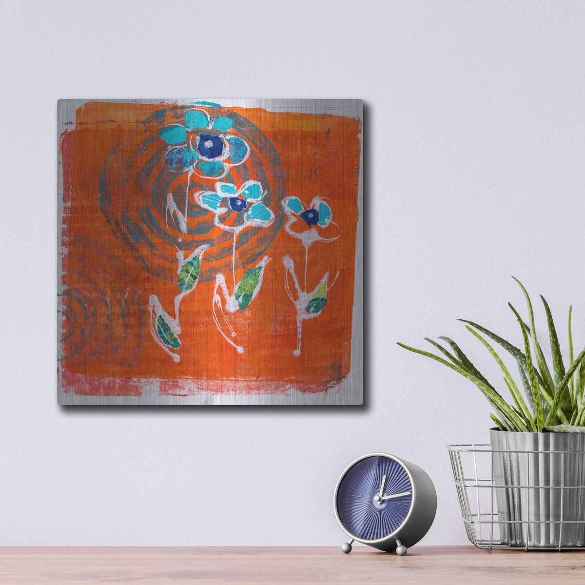 Luxe Metal Art 'Orange and Blue Blooms' by St. Hilaire Elizabeth, Metal Wall Art,12x12