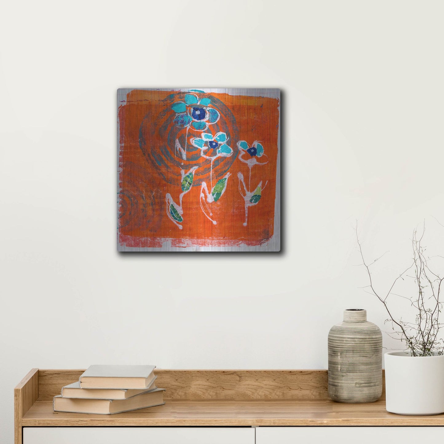 Luxe Metal Art 'Orange and Blue Blooms' by St. Hilaire Elizabeth, Metal Wall Art,12x12