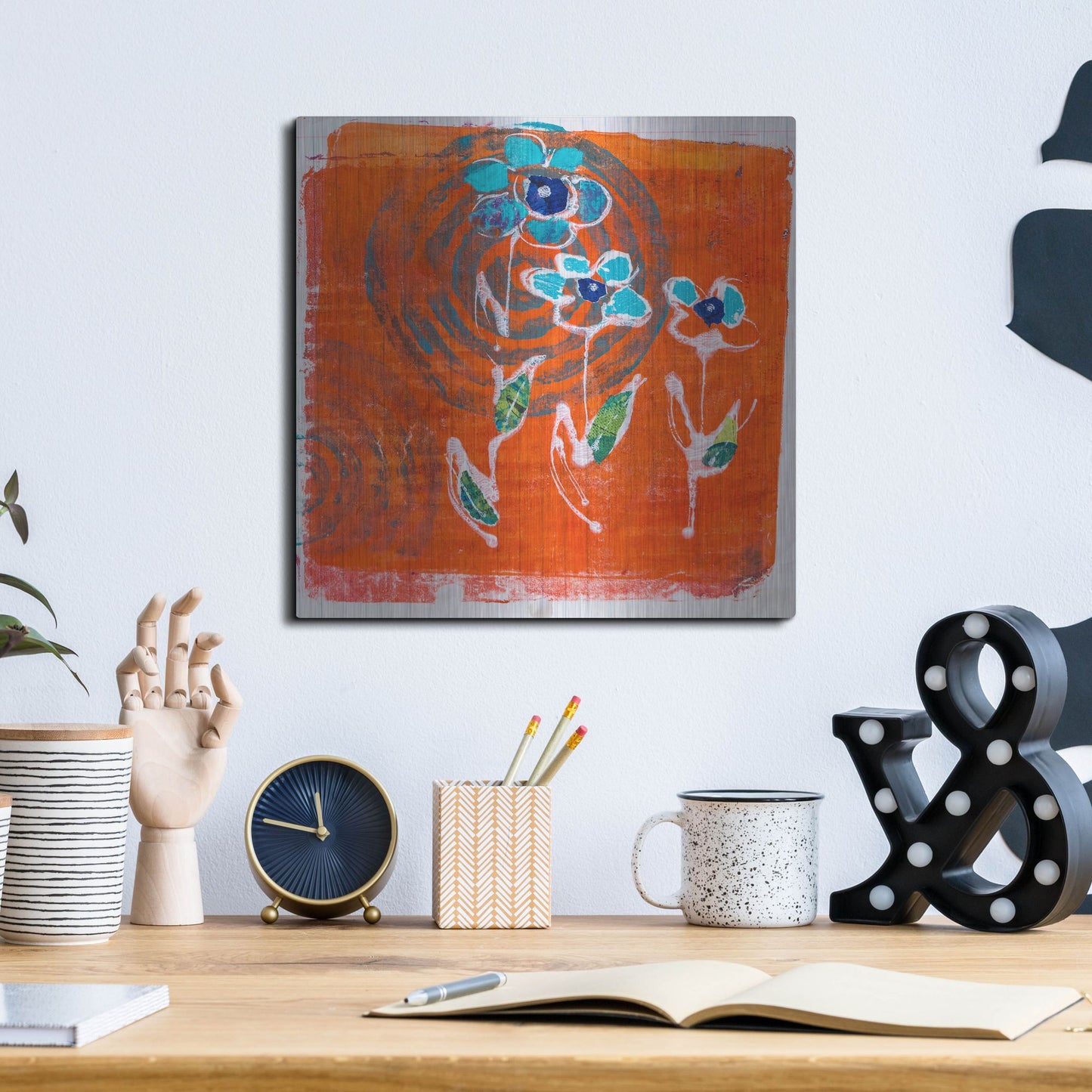 Luxe Metal Art 'Orange and Blue Blooms' by St. Hilaire Elizabeth, Metal Wall Art,12x12