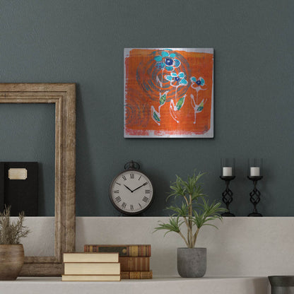 Luxe Metal Art 'Orange and Blue Blooms' by St. Hilaire Elizabeth, Metal Wall Art,12x12