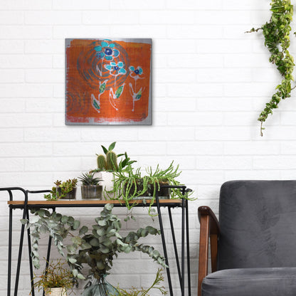 Luxe Metal Art 'Orange and Blue Blooms' by St. Hilaire Elizabeth, Metal Wall Art,12x12