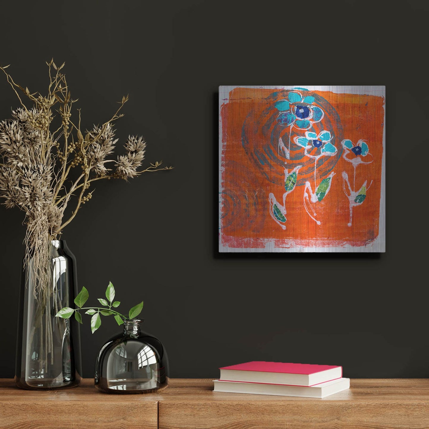 Luxe Metal Art 'Orange and Blue Blooms' by St. Hilaire Elizabeth, Metal Wall Art,12x12