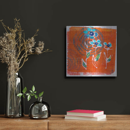 Luxe Metal Art 'Orange and Blue Blooms' by St. Hilaire Elizabeth, Metal Wall Art,12x12