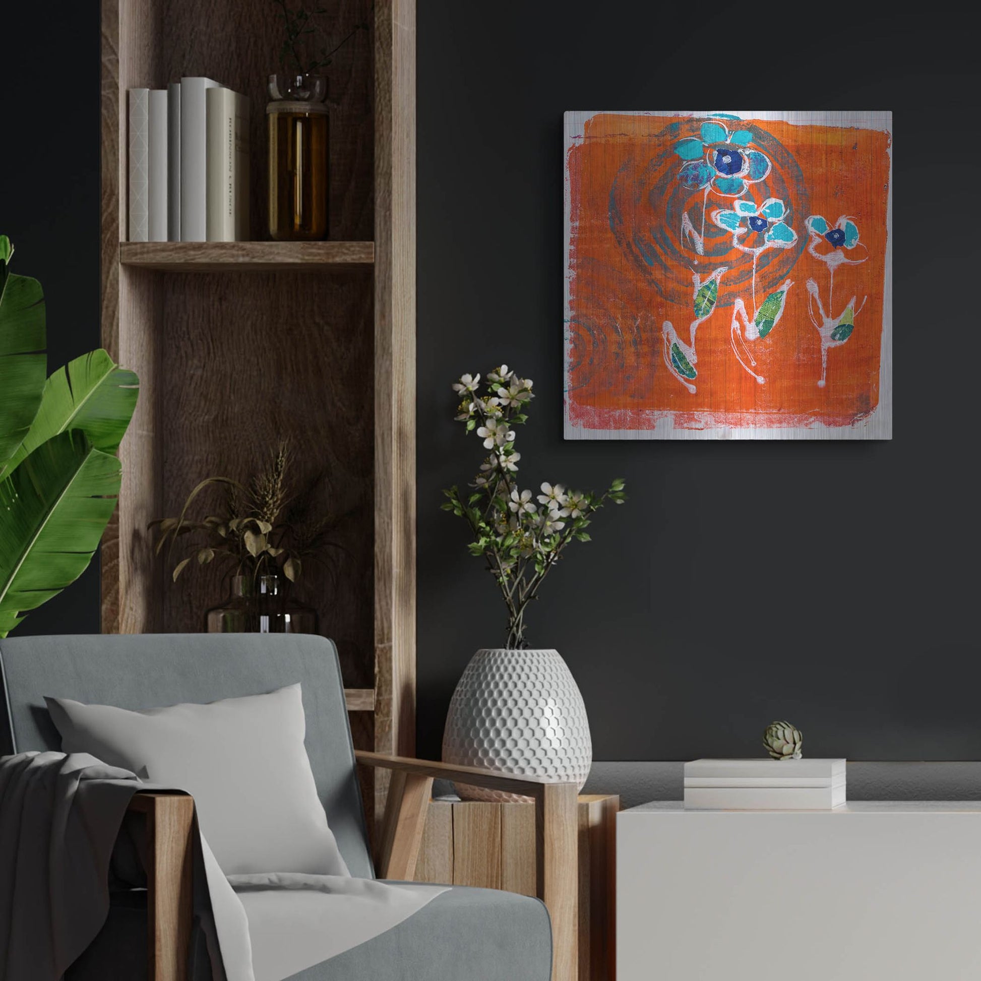 Luxe Metal Art 'Orange and Blue Blooms' by St. Hilaire Elizabeth, Metal Wall Art,24x24