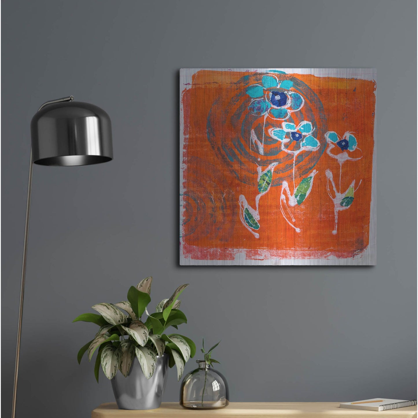 Luxe Metal Art 'Orange and Blue Blooms' by St. Hilaire Elizabeth, Metal Wall Art,24x24