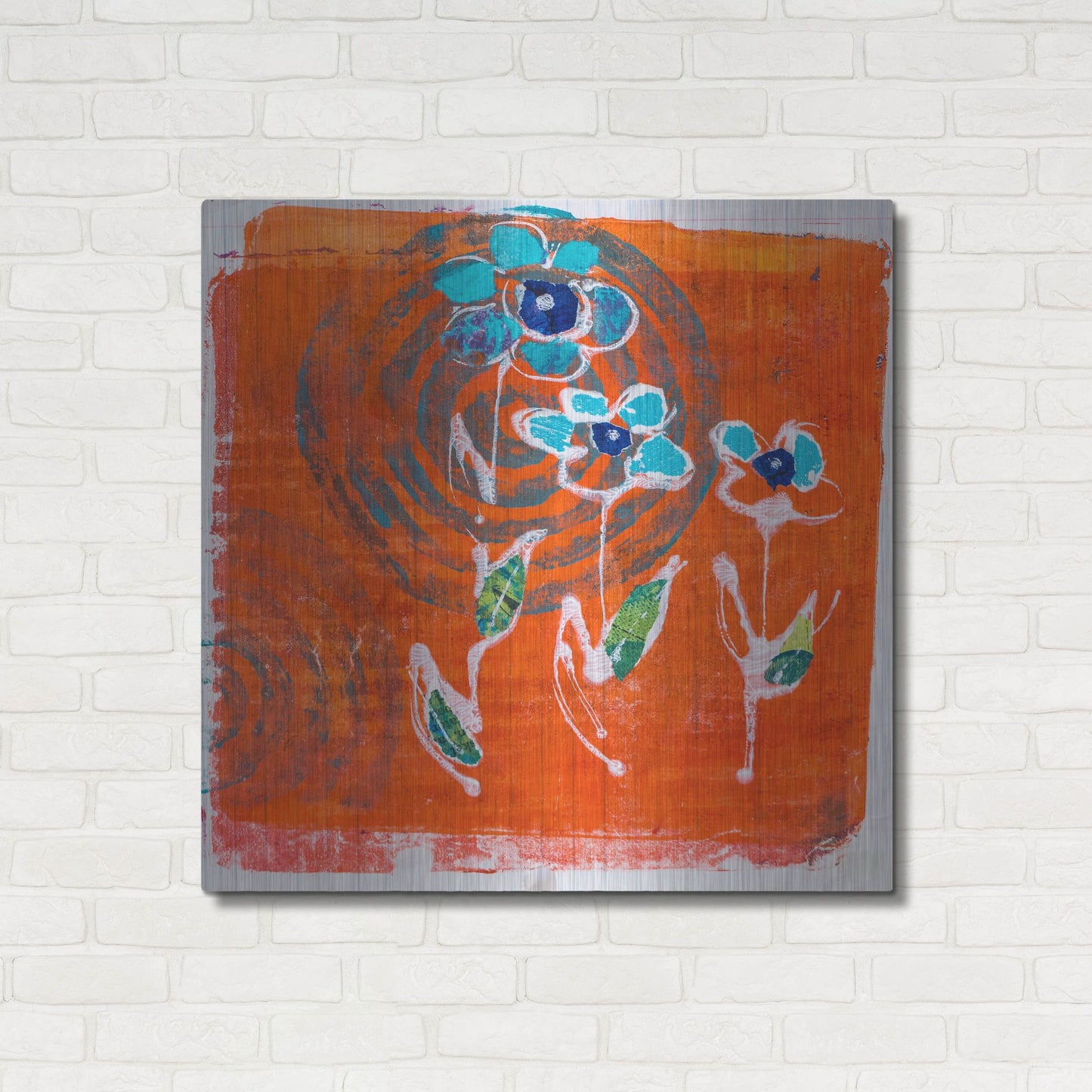Luxe Metal Art 'Orange and Blue Blooms' by St. Hilaire Elizabeth, Metal Wall Art,36x36