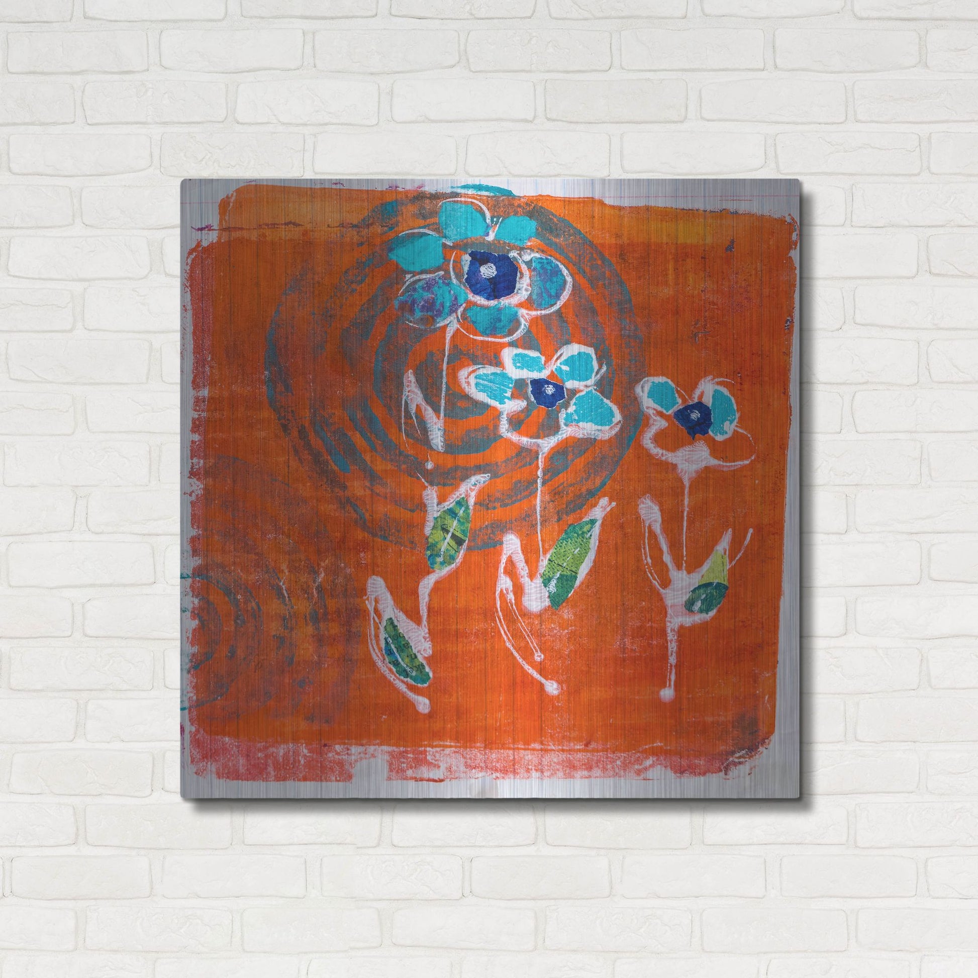 Luxe Metal Art 'Orange and Blue Blooms' by St. Hilaire Elizabeth, Metal Wall Art,36x36