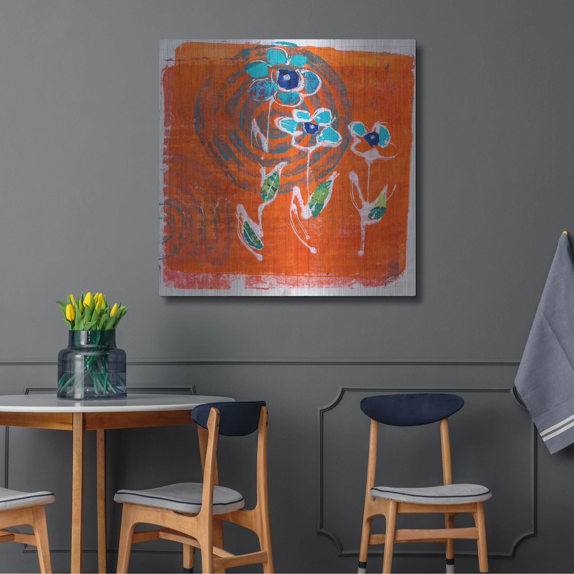 Luxe Metal Art 'Orange and Blue Blooms' by St. Hilaire Elizabeth, Metal Wall Art,36x36