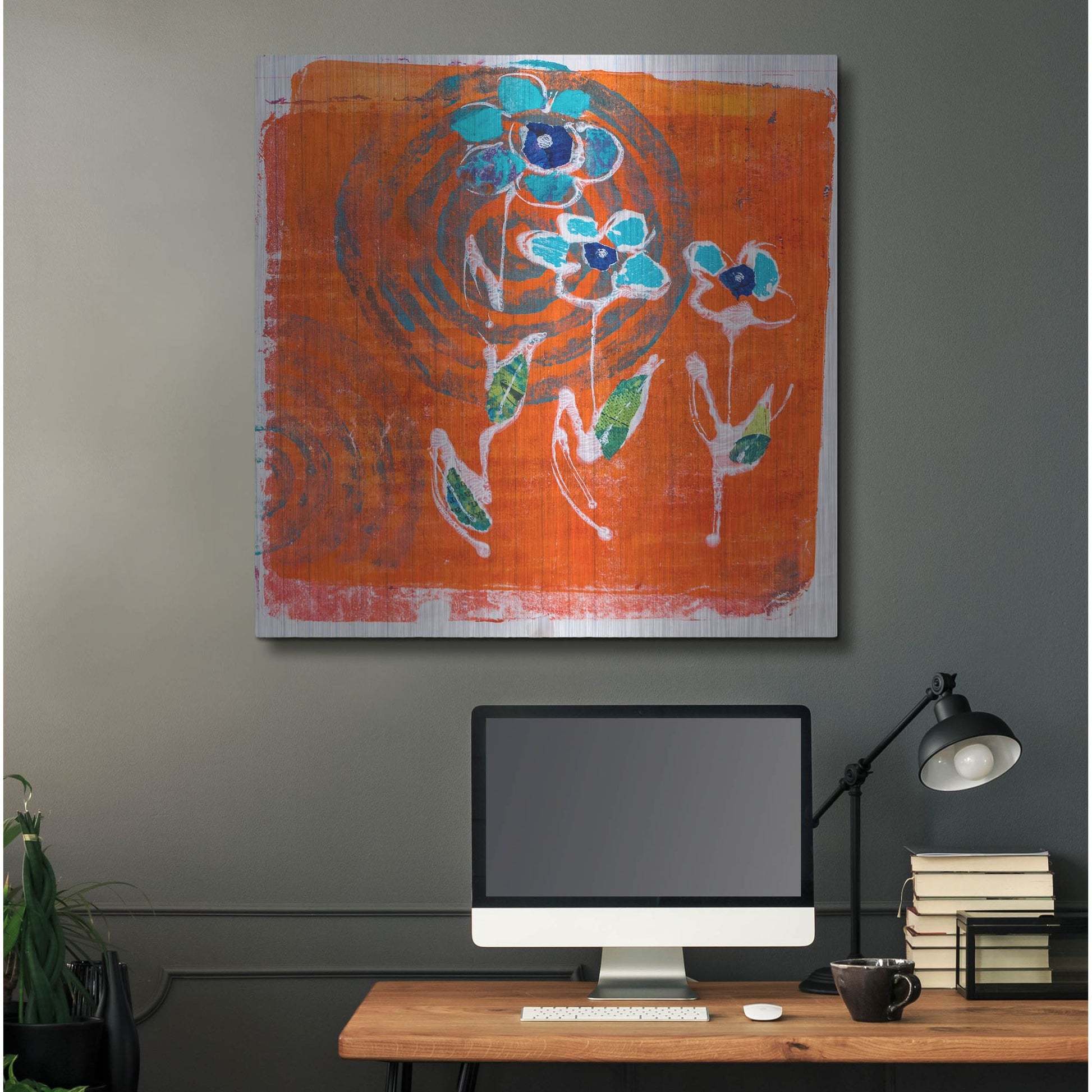 Luxe Metal Art 'Orange and Blue Blooms' by St. Hilaire Elizabeth, Metal Wall Art,36x36