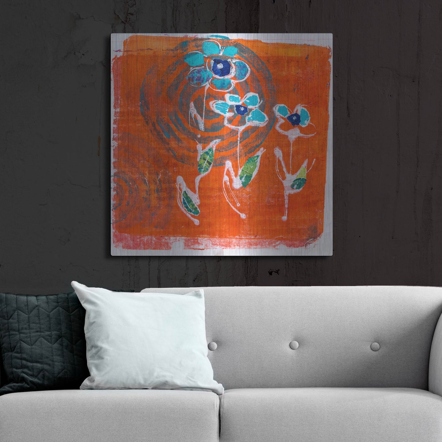 Luxe Metal Art 'Orange and Blue Blooms' by St. Hilaire Elizabeth, Metal Wall Art,36x36