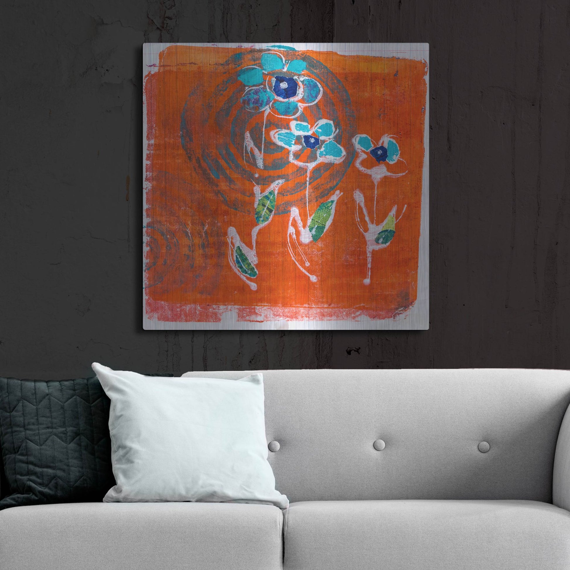 Luxe Metal Art 'Orange and Blue Blooms' by St. Hilaire Elizabeth, Metal Wall Art,36x36