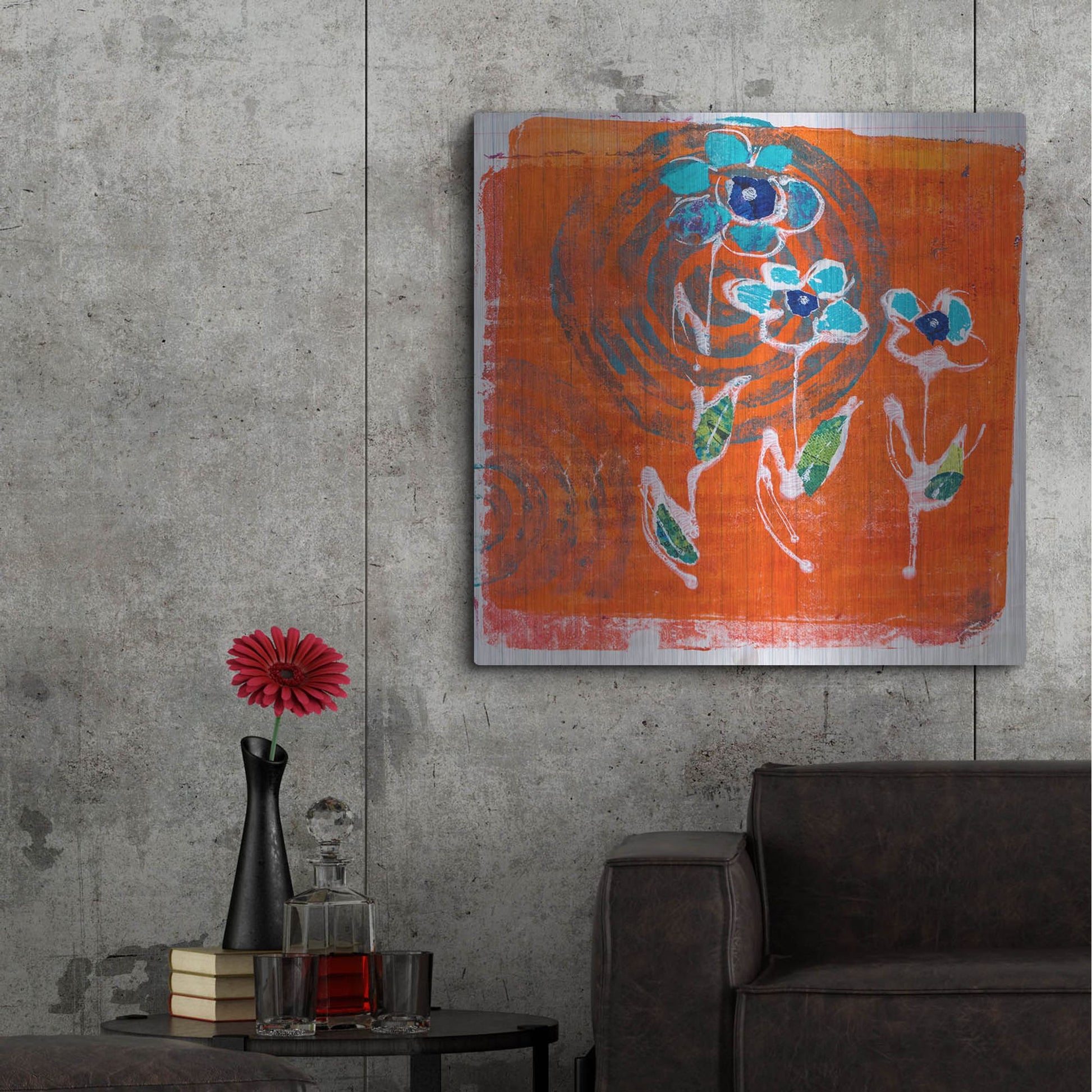 Luxe Metal Art 'Orange and Blue Blooms' by St. Hilaire Elizabeth, Metal Wall Art,36x36