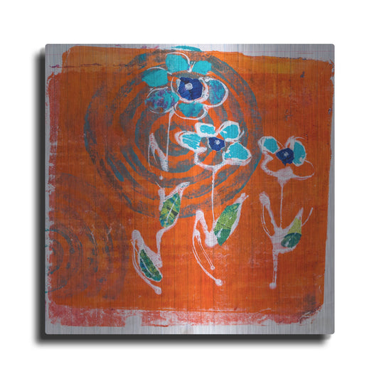 Luxe Metal Art 'Orange and Blue Blooms' by St. Hilaire Elizabeth, Metal Wall Art