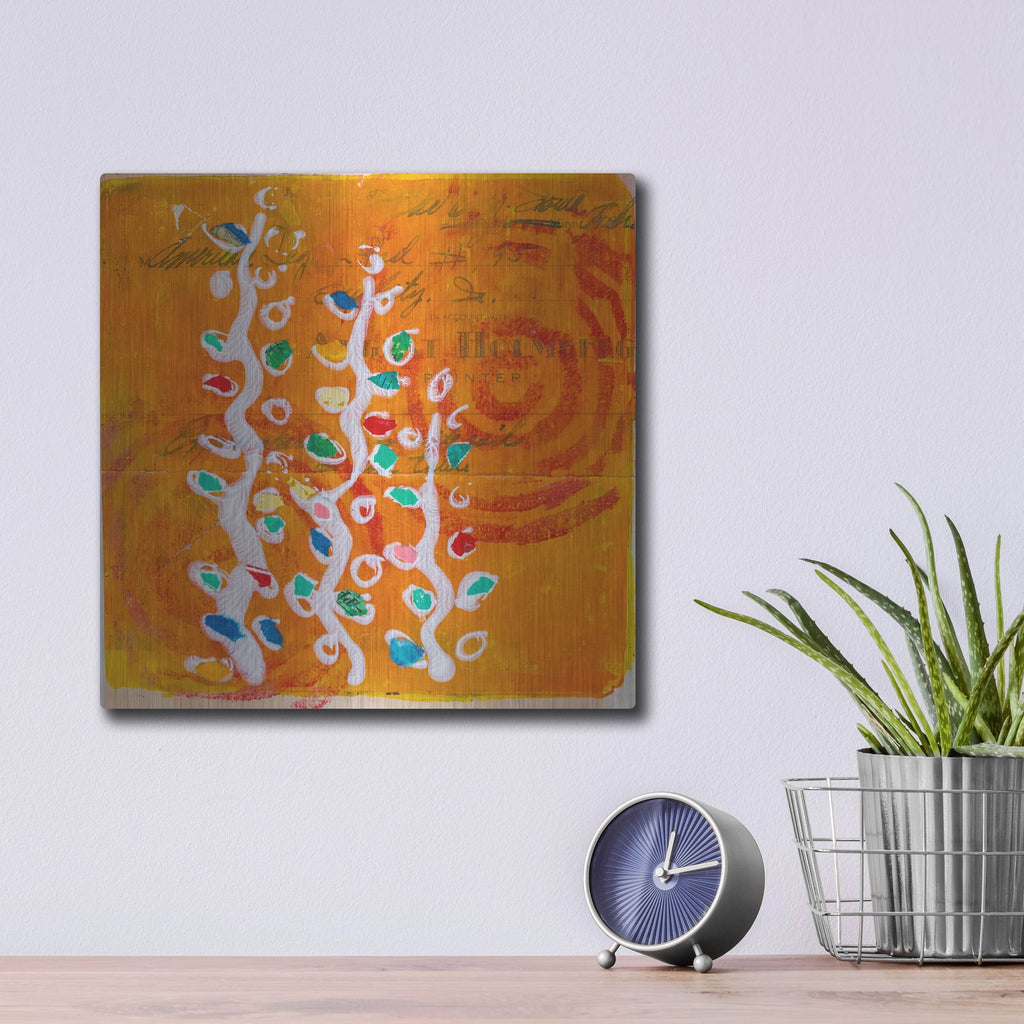 Luxe Metal Art 'Orange Spiral Blooms' by St. Hilaire Elizabeth, Metal Wall Art,12x12
