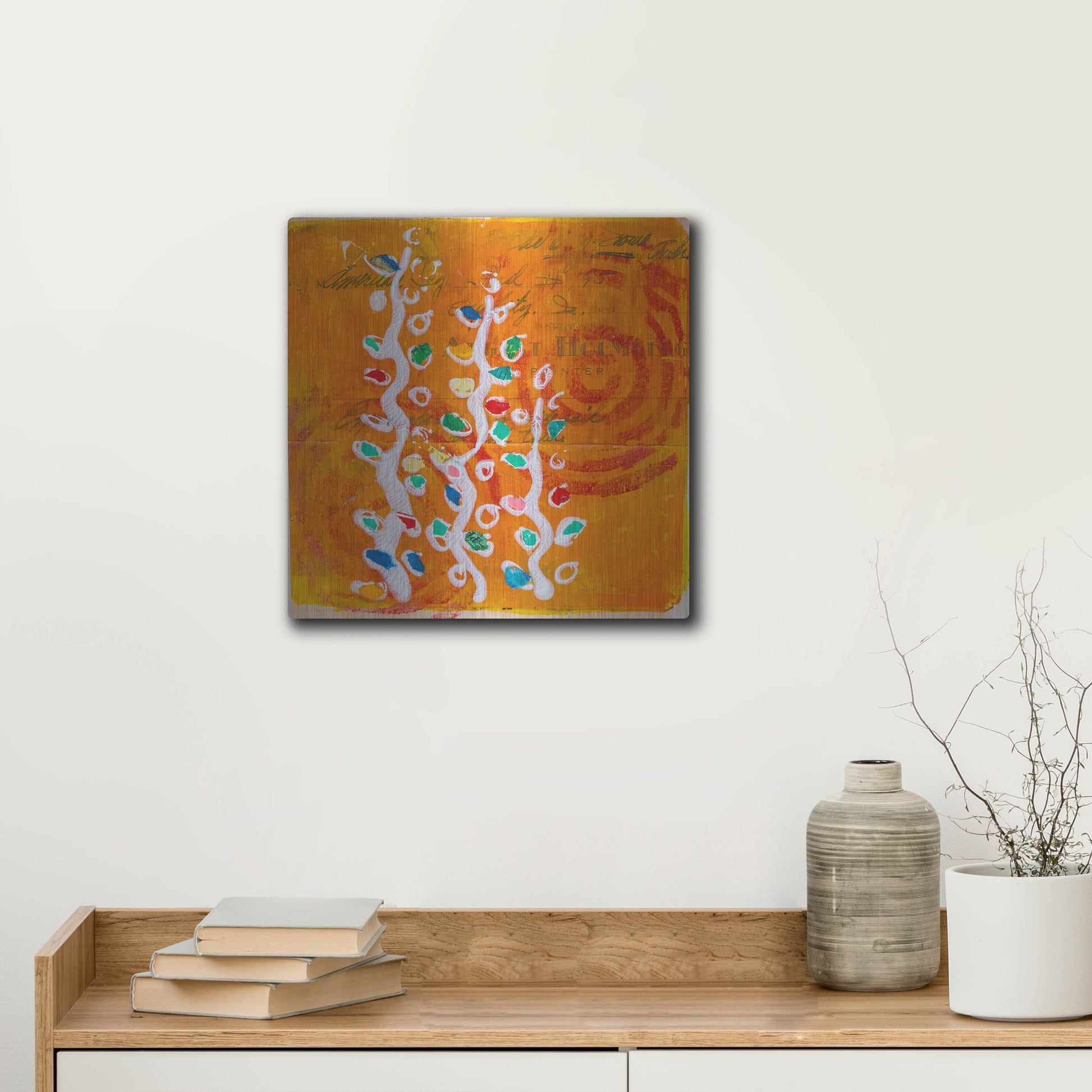 Luxe Metal Art 'Orange Spiral Blooms' by St. Hilaire Elizabeth, Metal Wall Art,12x12