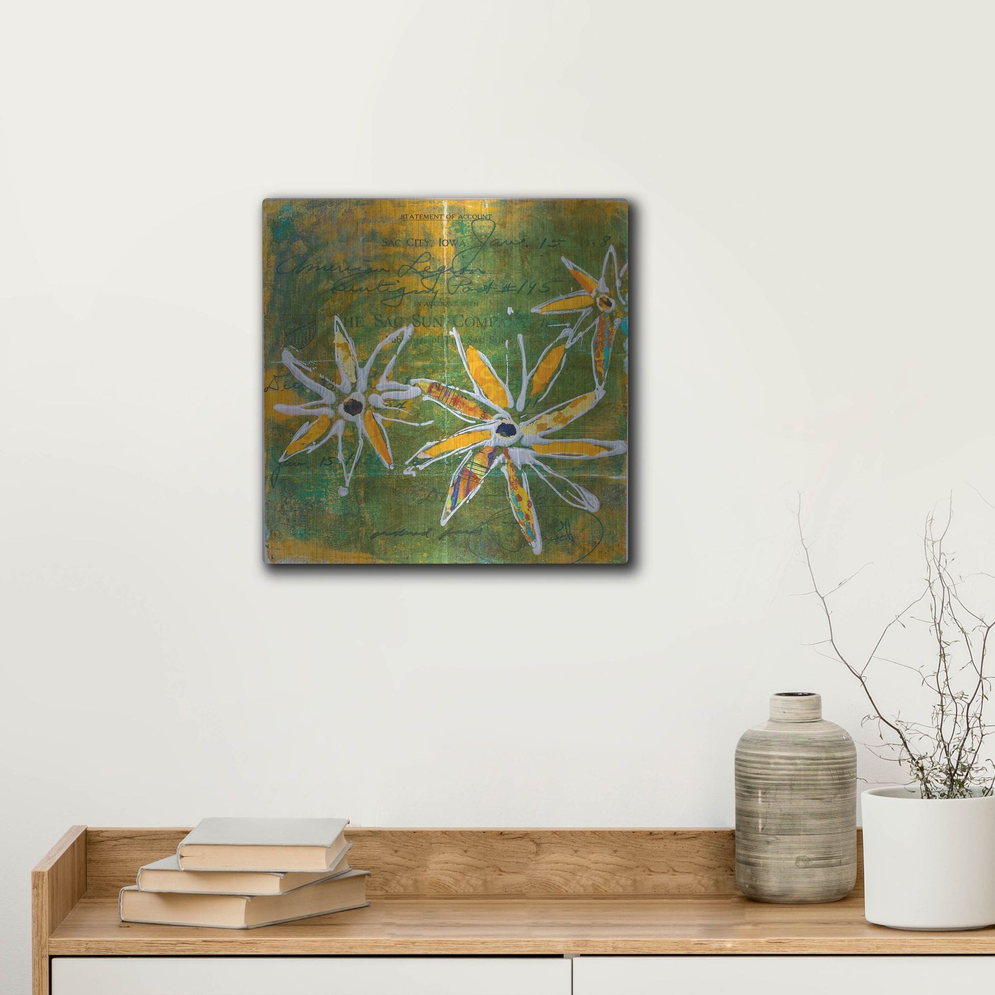 Luxe Metal Art 'Lime Blooms' by St. Hilaire Elizabeth, Metal Wall Art,12x12