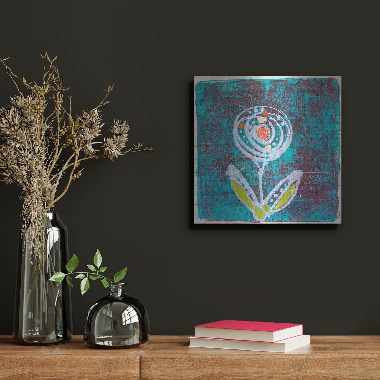 Luxe Metal Art 'Teal Blooms' by St. Hilaire Elizabeth, Metal Wall Art,12x12