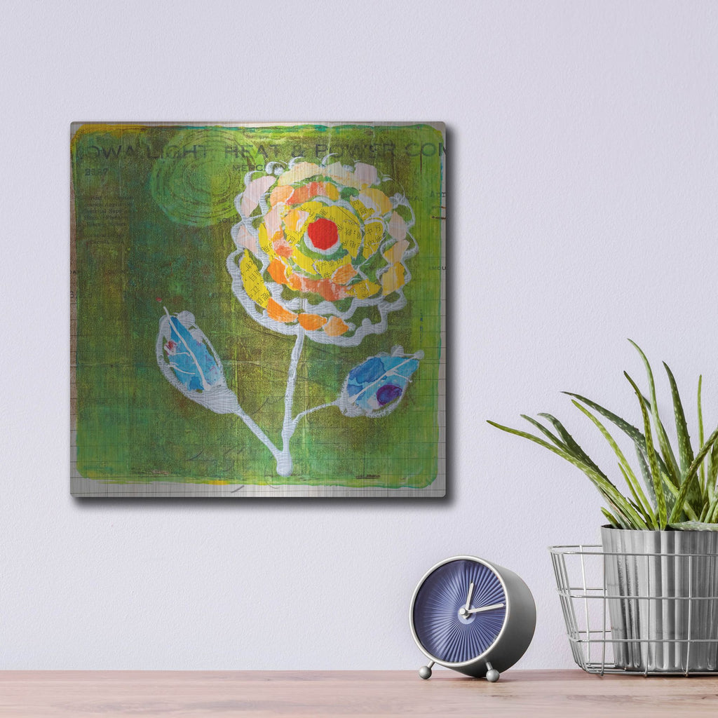 Luxe Metal Art 'Green Blooms' by St. Hilaire Elizabeth, Metal Wall Art,12x12