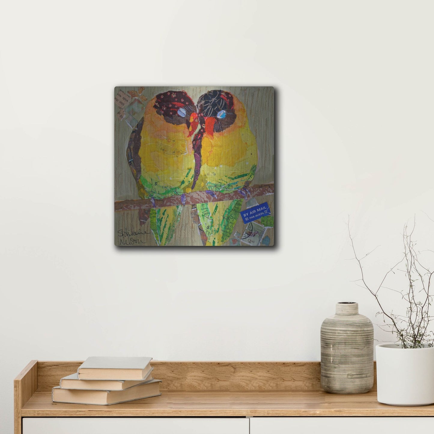 Luxe Metal Art 'Lovebirds Yelllow' by St. Hilaire Elizabeth, Metal Wall Art,12x12