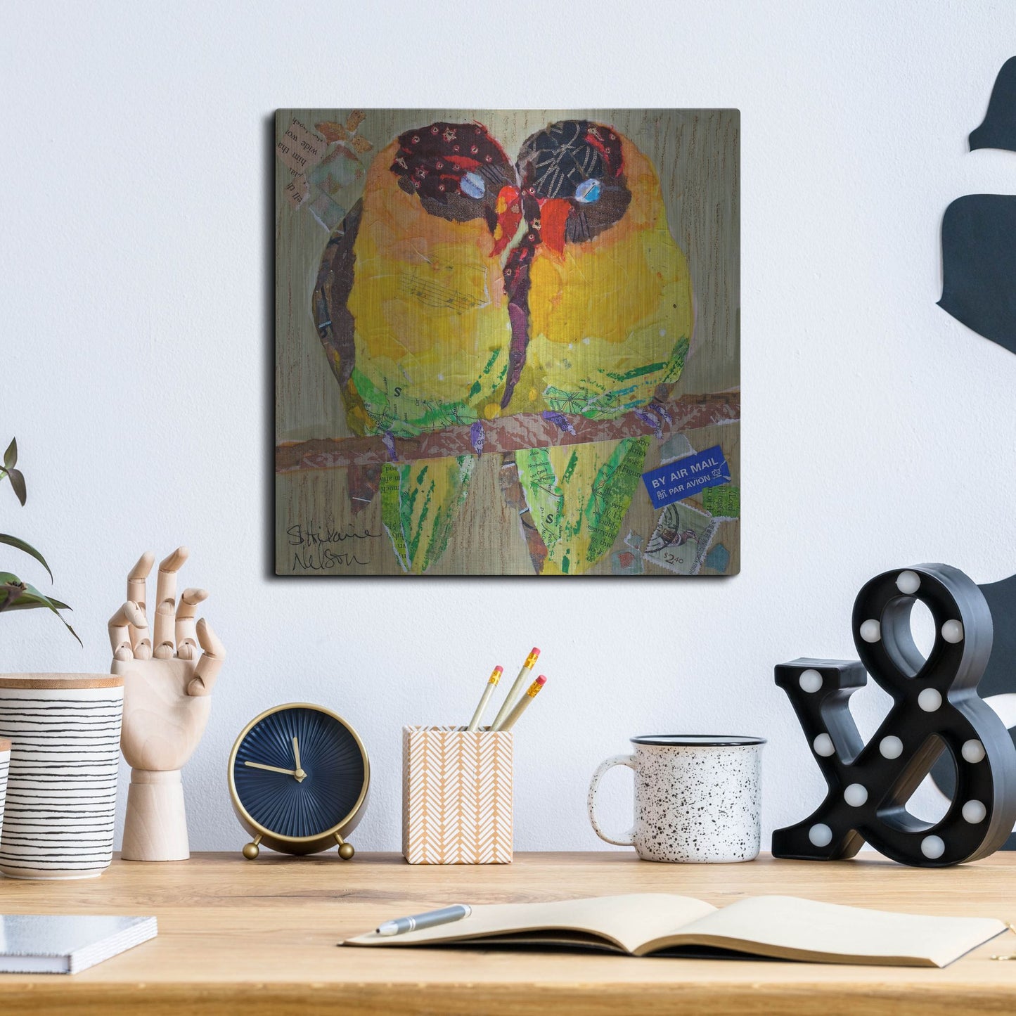 Luxe Metal Art 'Lovebirds Yelllow' by St. Hilaire Elizabeth, Metal Wall Art,12x12