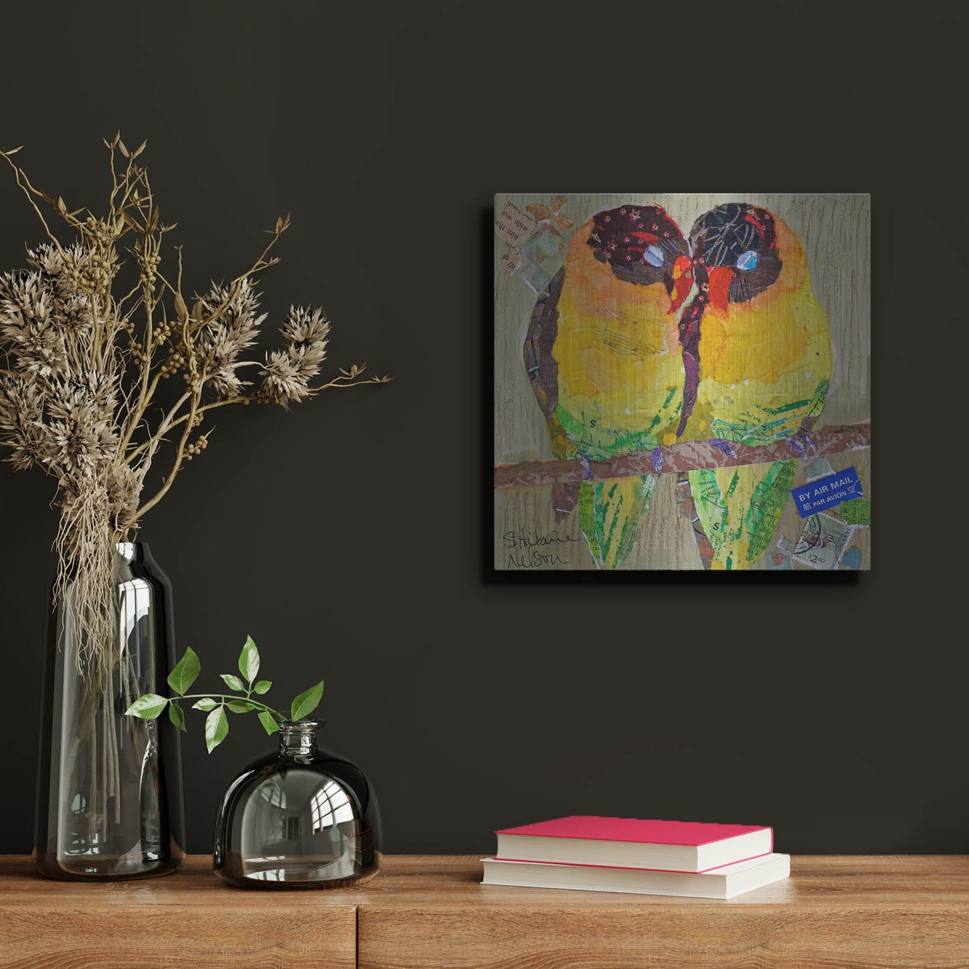 Luxe Metal Art 'Lovebirds Yelllow' by St. Hilaire Elizabeth, Metal Wall Art,12x12